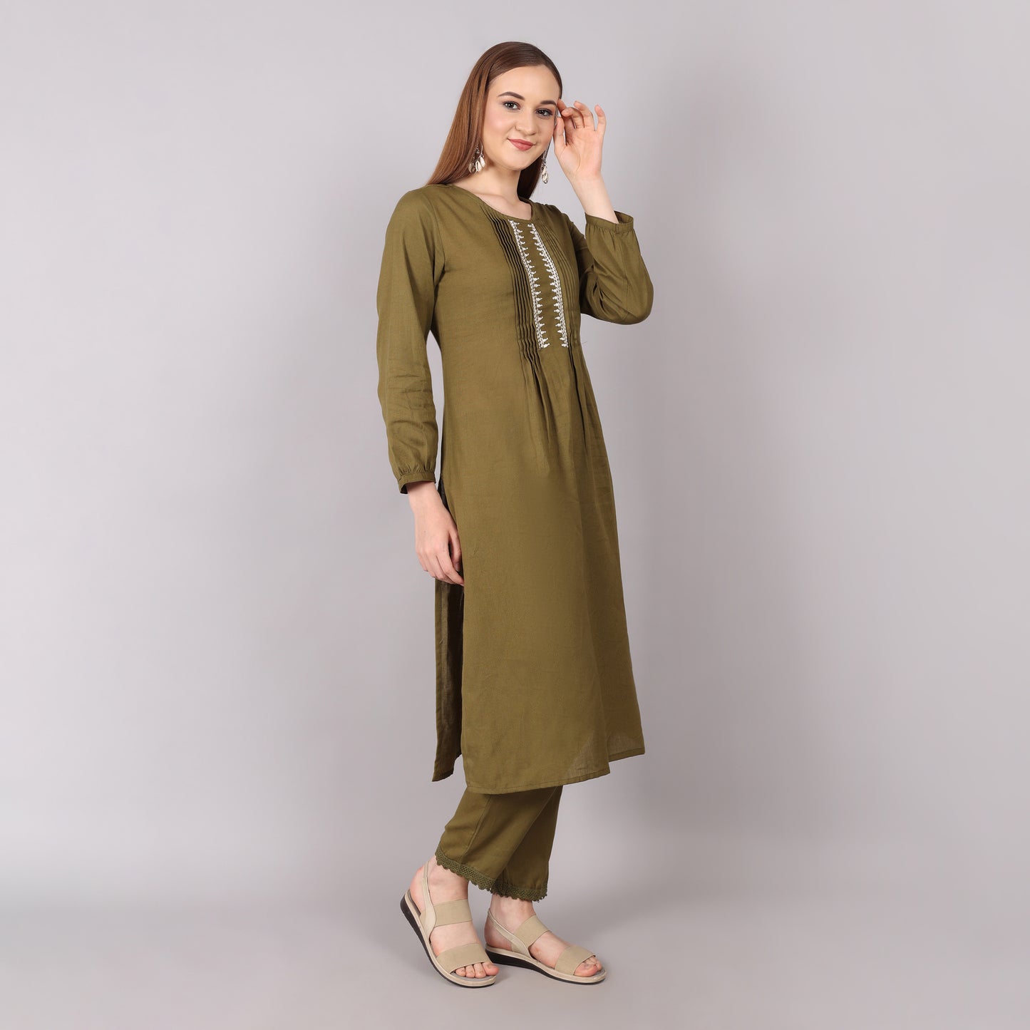 Trendy mud green organic cotton kurta set, blending eco-friendly fashion with timeless elegance.