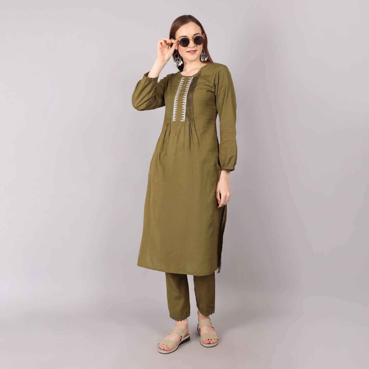 Elegant mud green organic cotton kurta set designed for a sustainable and stylish ethnic look.