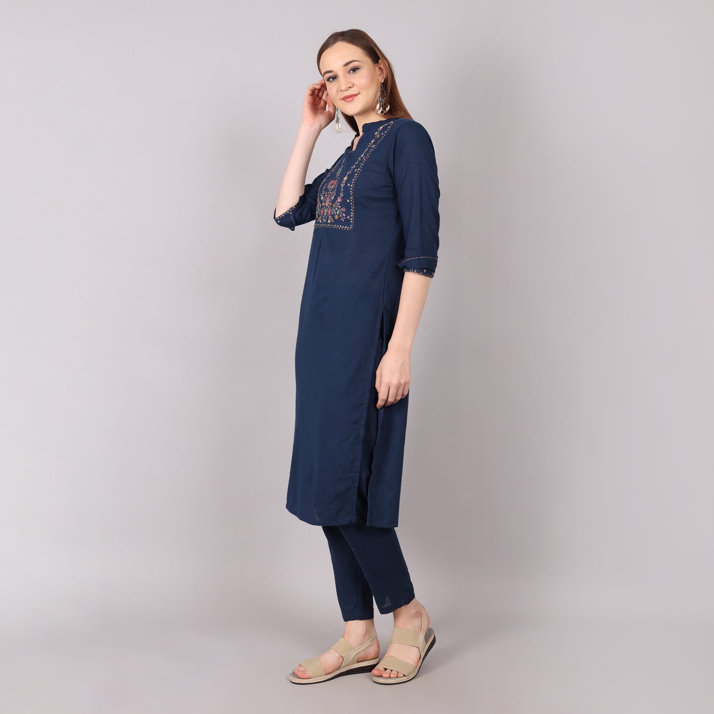 Graceful classic navy kurta set for women, ideal for office wear and formal occasions.