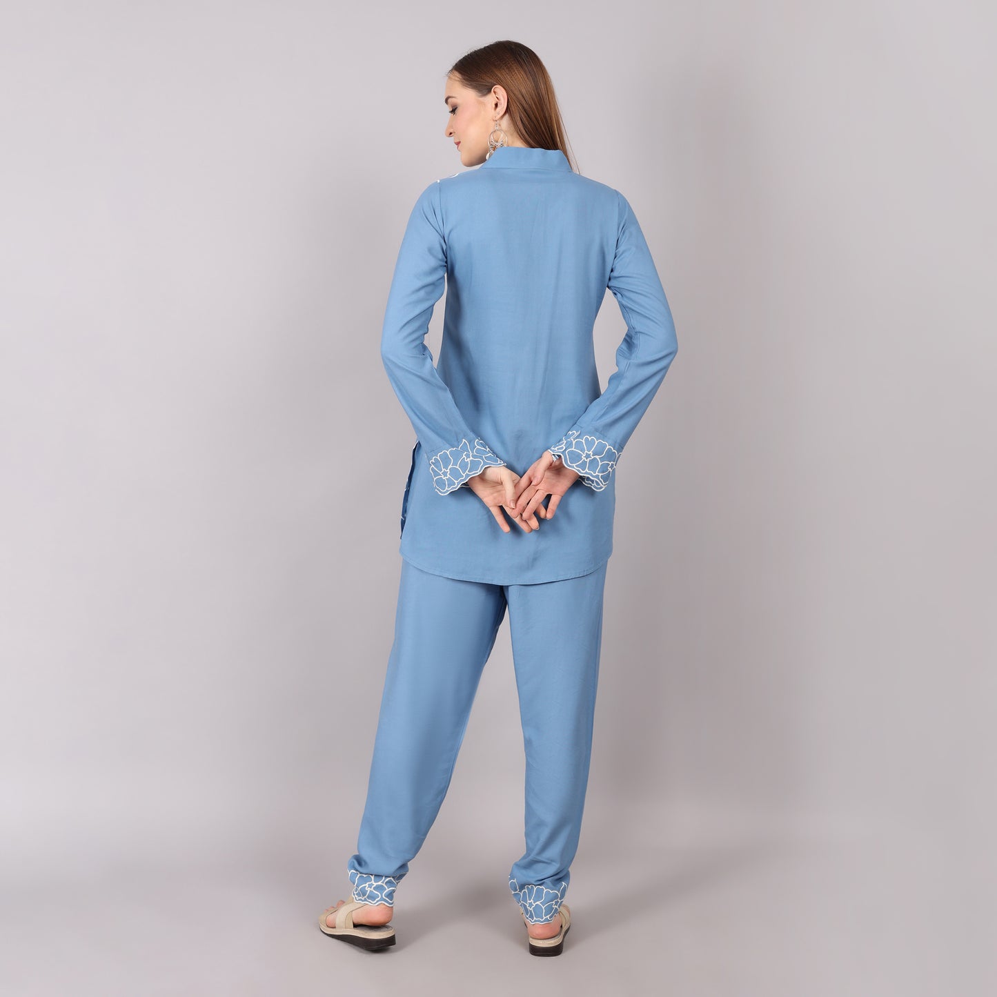 Graceful sky blue embroidered co-ord set, ideal for a fashionable yet comfortable ethnic wear choice.