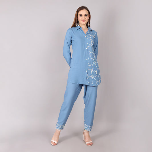 Stylish sky blue co-ord set with exquisite embroidery, blending comfort and elegance effortlessly.