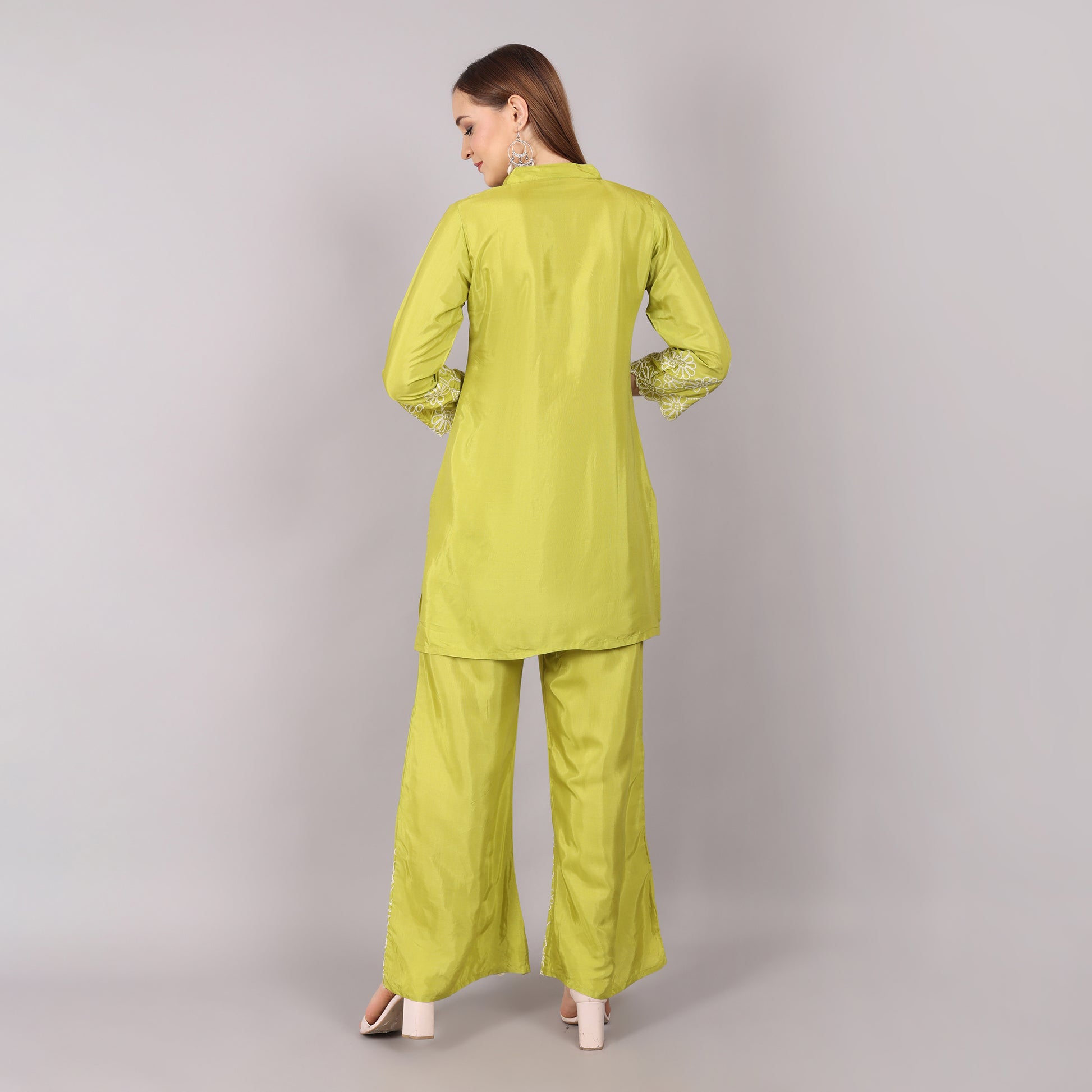 Lightweight and fashionable lime green embroidered co-ord set, offering a stylish and effortless outfit choice.