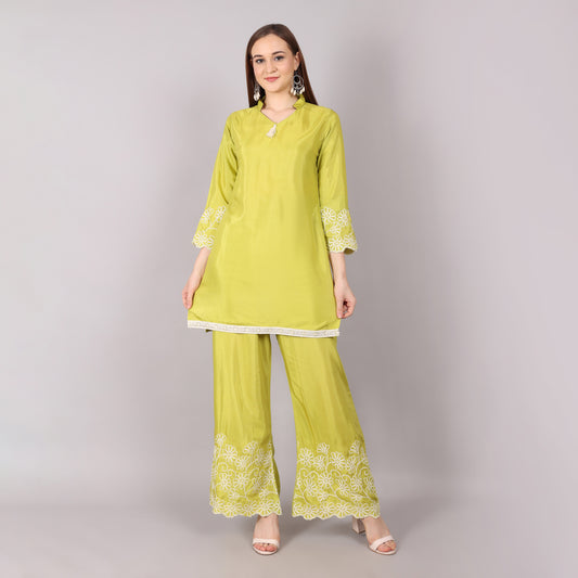 Trendy lime green co-ord set with exquisite thread embroidery, ideal for festive and casual occasions.