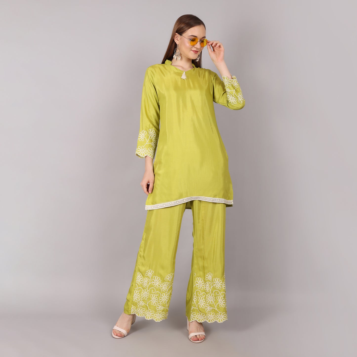 Elegant lime green co-ord set with intricate thread embroidery, perfect for a sophisticated ethnic look.