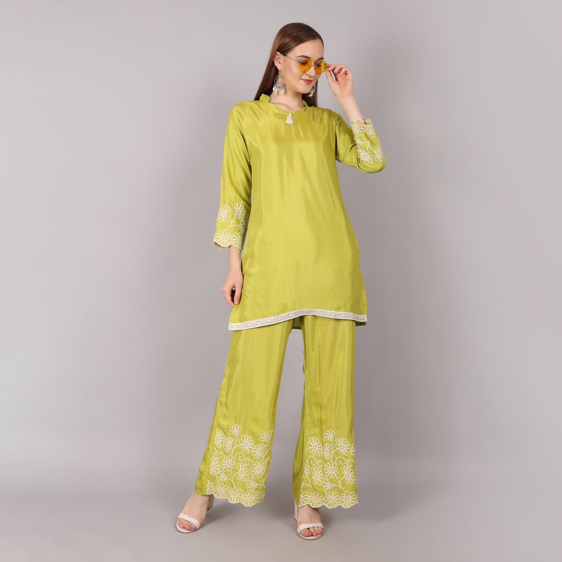 Elegant lime green co-ord set with intricate thread embroidery, perfect for a sophisticated ethnic look.