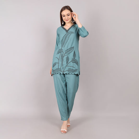 Trendy teal embroidered co-ord set designed for a modern and graceful ethnic appeal.