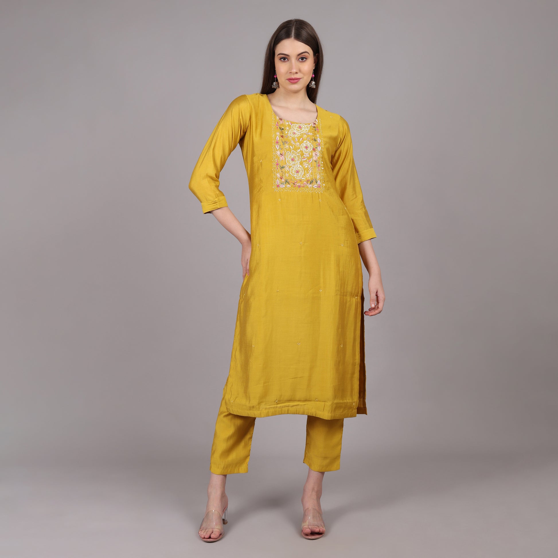Graceful yellow Dola silk kurta set, ideal for weddings, celebrations, and formal gatherings.
