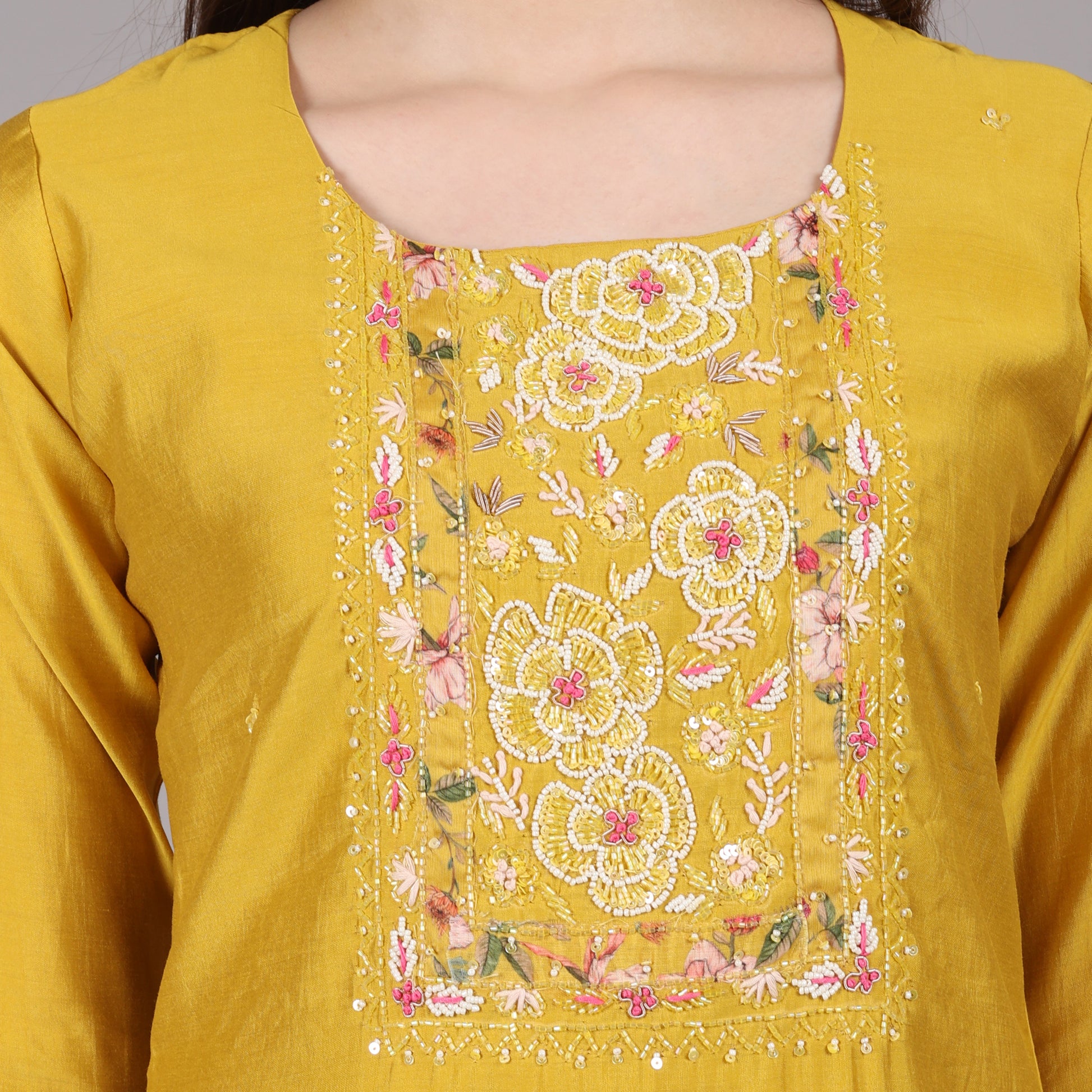 Trendy yellow Dola silk kurta set, blending comfort with a rich and elegant appeal.