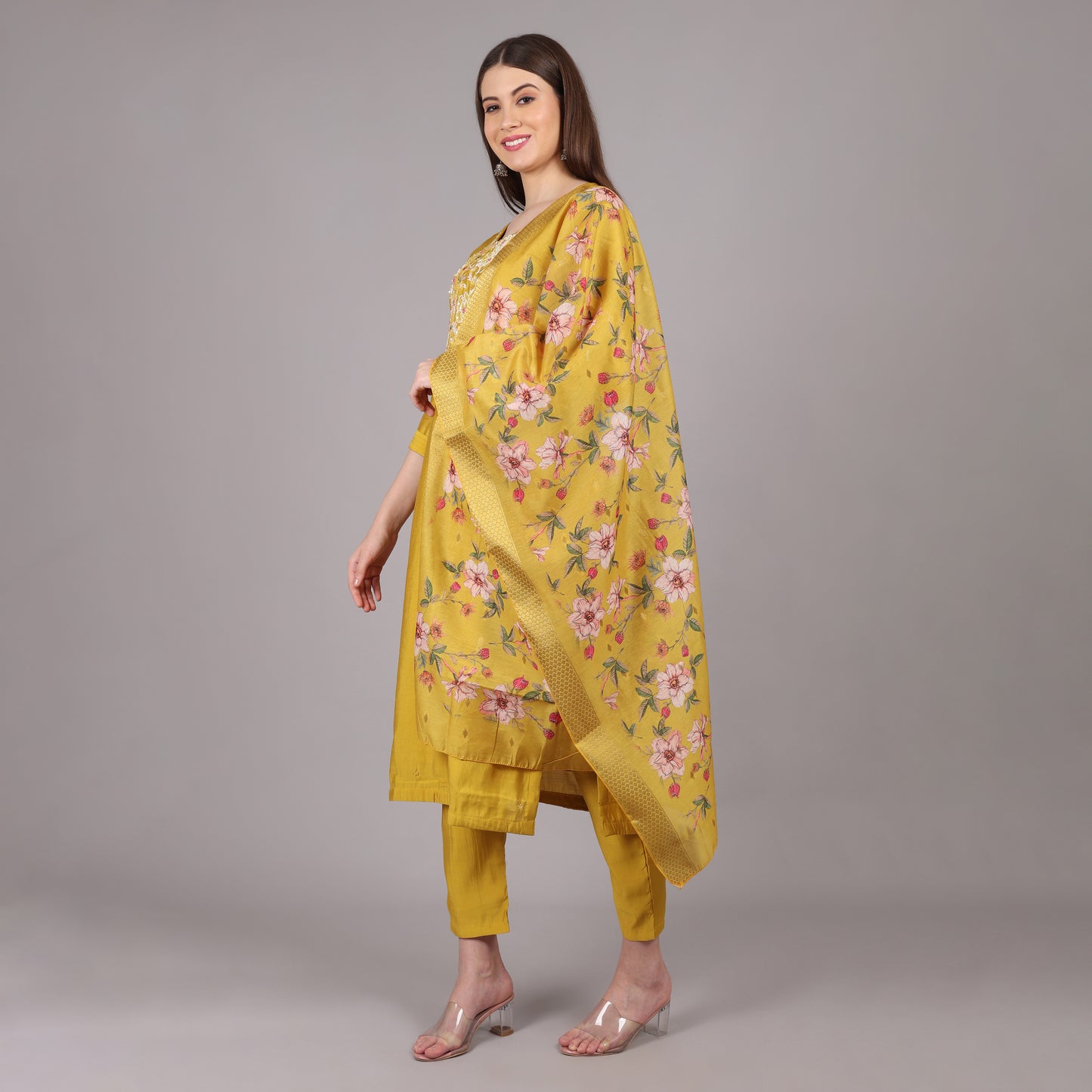 Chic and stylish yellow Dola silk kurta set, perfect for festive and special occasions.