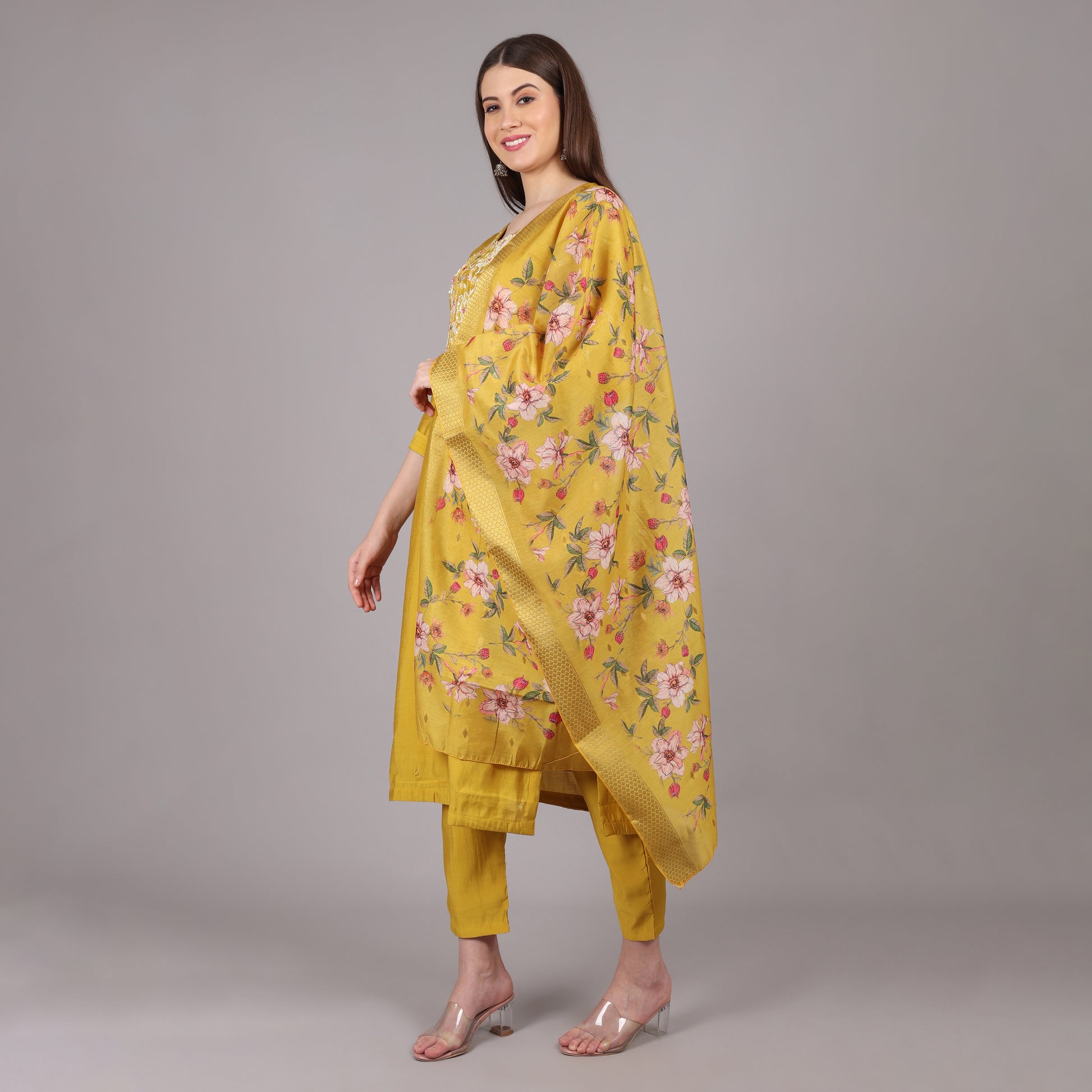 Chic and stylish yellow Dola silk kurta set, perfect for festive and special occasions.