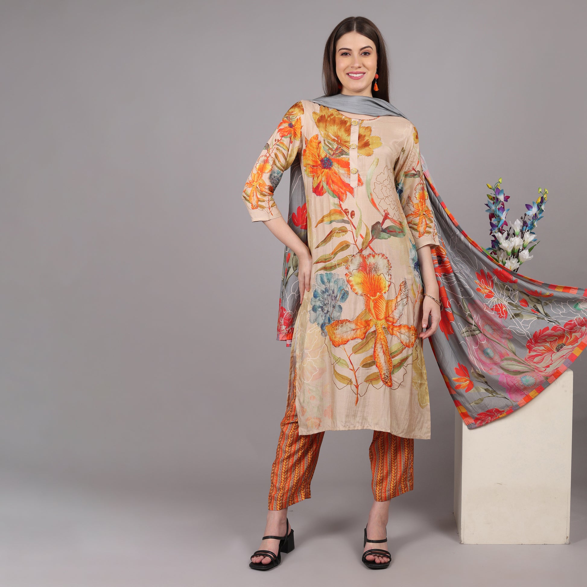 Sophisticated pure crepe kurta set with handcrafted embellishments for a timeless appeal.