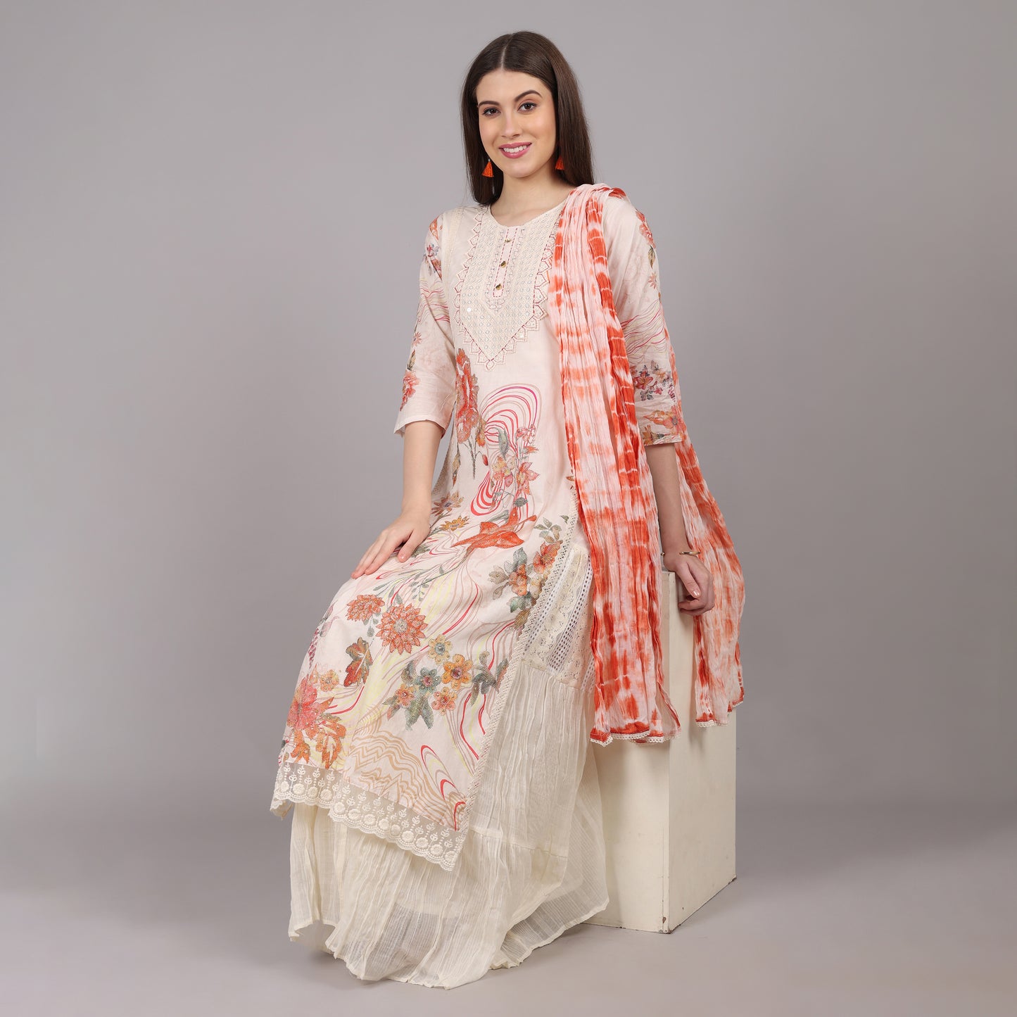 Elegant Mulmul cotton long dress featuring a lightweight and breathable fabric for all-day comfort.