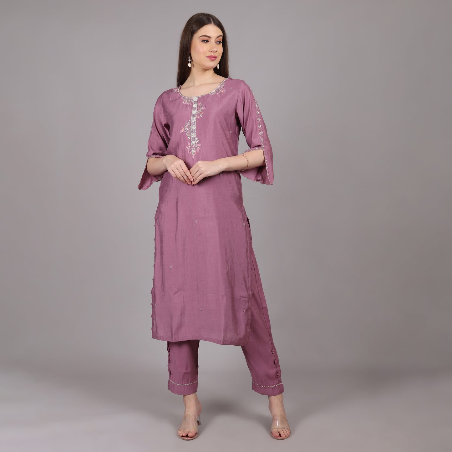 Graceful lavender silk kurta set, ideal for weddings, celebrations, and special gatherings.