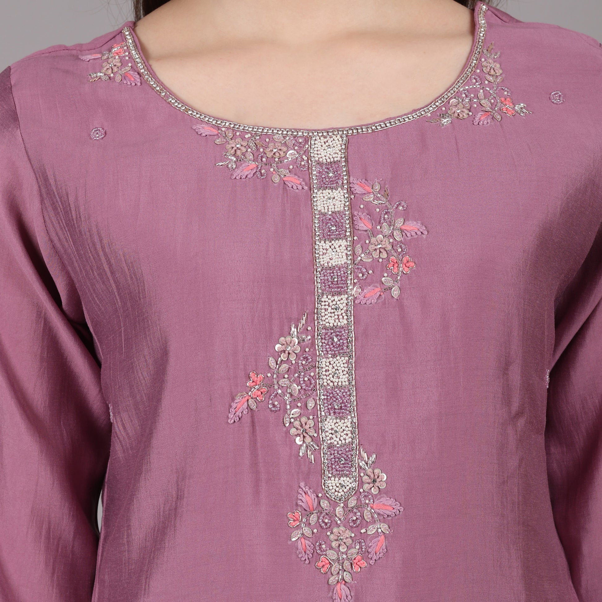 Trendy lavender silk kurta set, blending comfort with a rich and elegant appeal.