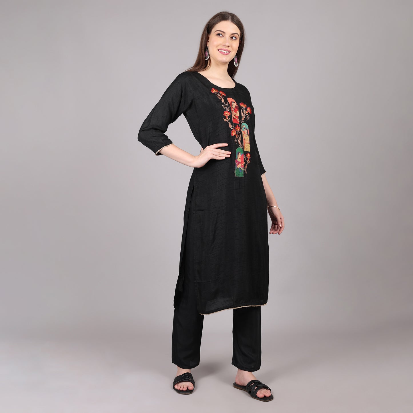 Trendy black mulberry silk kurta set, ideal for weddings, celebrations, and special gatherings.