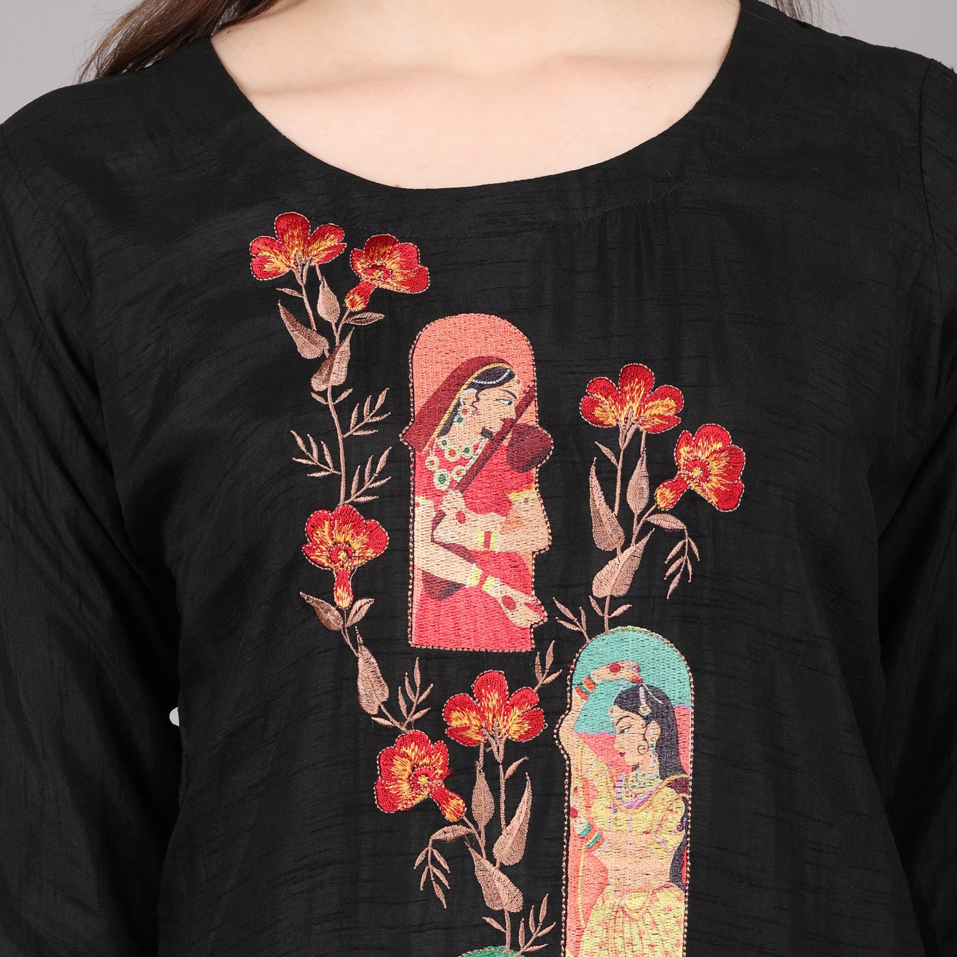 Graceful black mulberry silk kurta set blending traditional craftsmanship with modern sophistication.