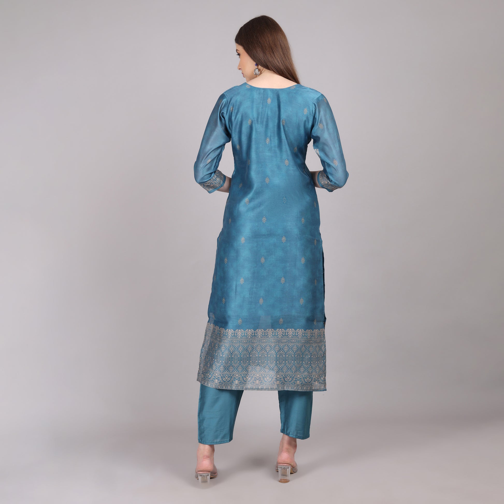 Sophisticated powder blue Chanderi silk kurta set, designed for effortless style and a regal appeal.