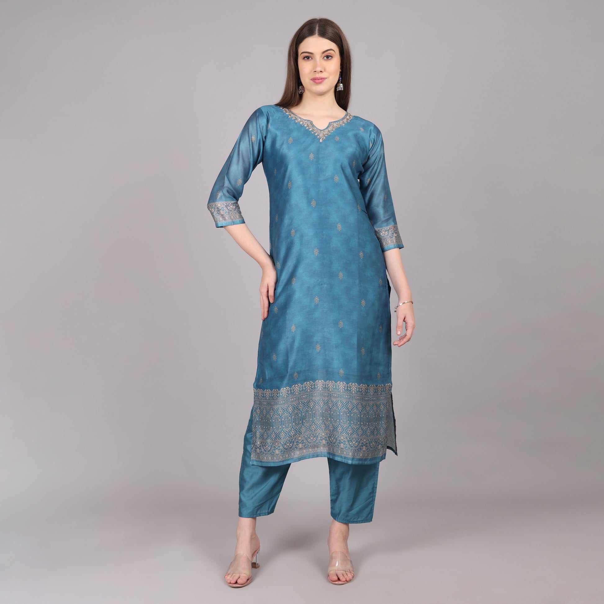 Lightweight and breathable powder blue Chanderi silk kurta set, offering comfort with timeless elegance.