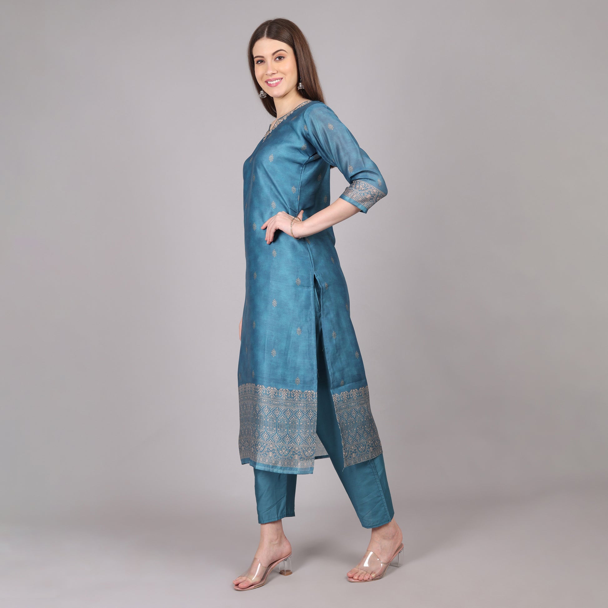 Trendy powder blue Chanderi silk kurta set, ideal for weddings, celebrations, and special gatherings.