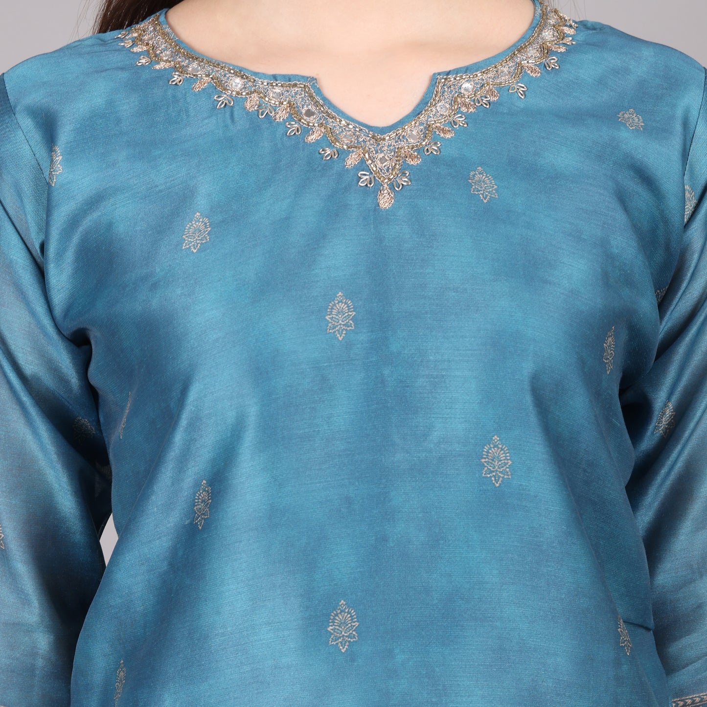 Graceful powder blue Chanderi silk kurta set blending traditional craftsmanship with modern sophistication.