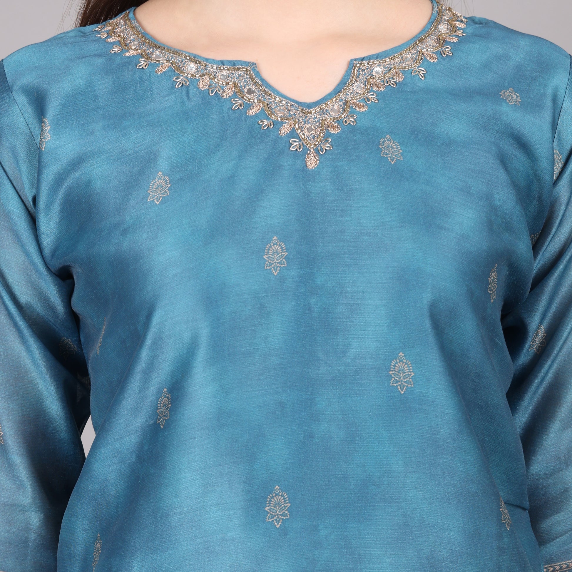 Graceful powder blue Chanderi silk kurta set blending traditional craftsmanship with modern sophistication.