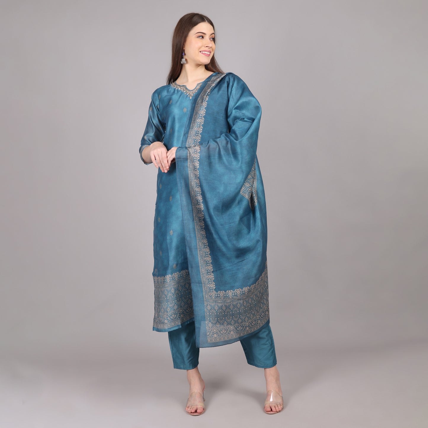 Chic and stylish powder blue Chanderi silk kurta set, perfect for festive and formal occasions.