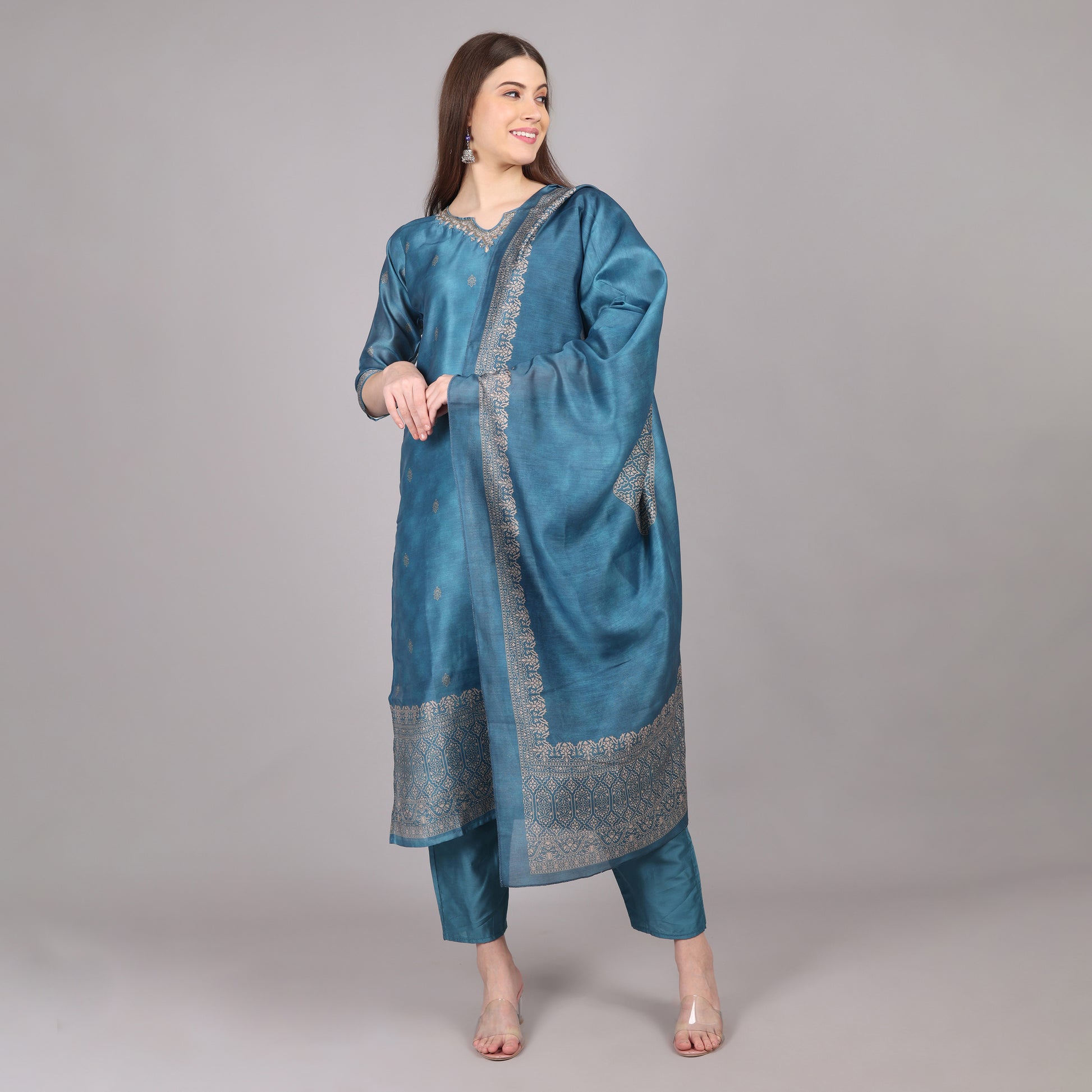 Chic and stylish powder blue Chanderi silk kurta set, perfect for festive and formal occasions.