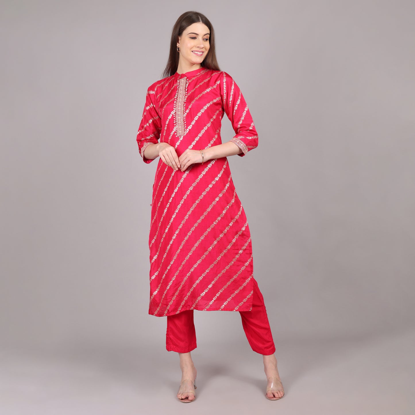 Trendy hot pink Dola silk kurta set, blending comfort with timeless elegance.
