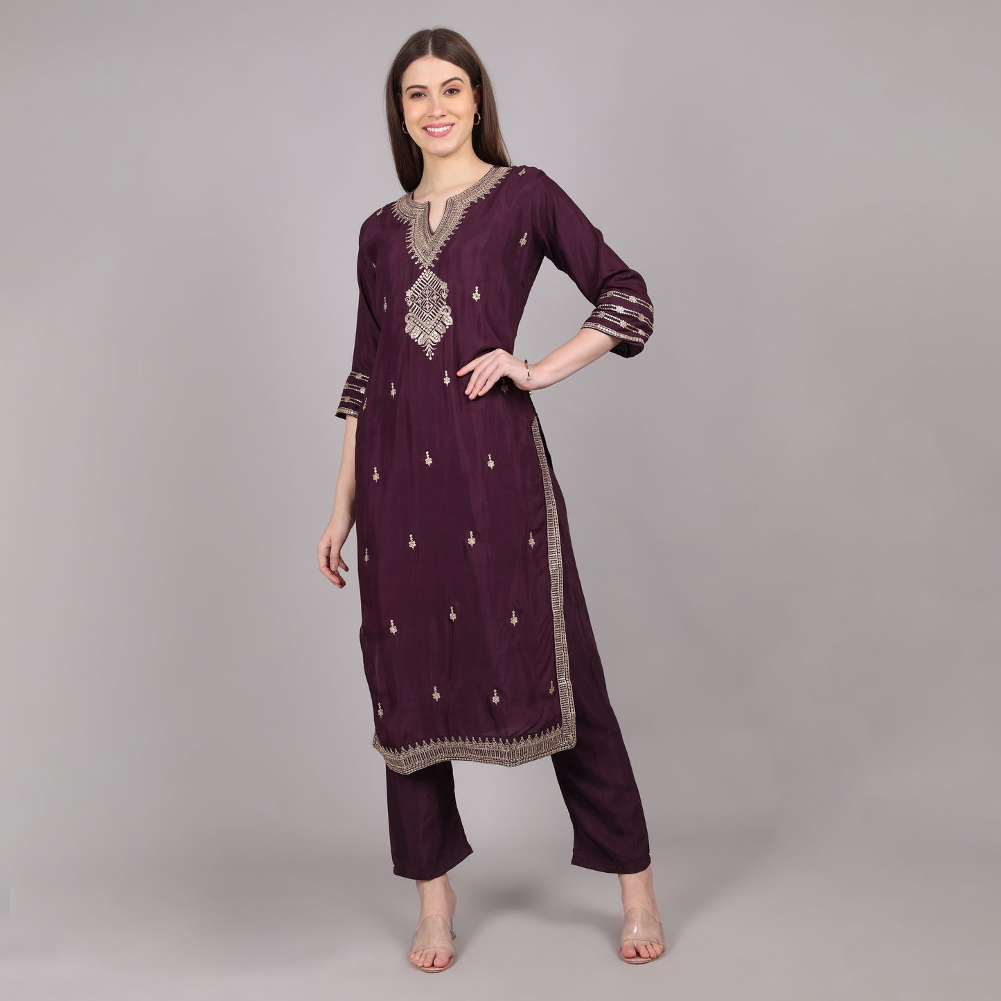 Graceful wine silk embroidered kurta set blending luxury with timeless ethnic charm.