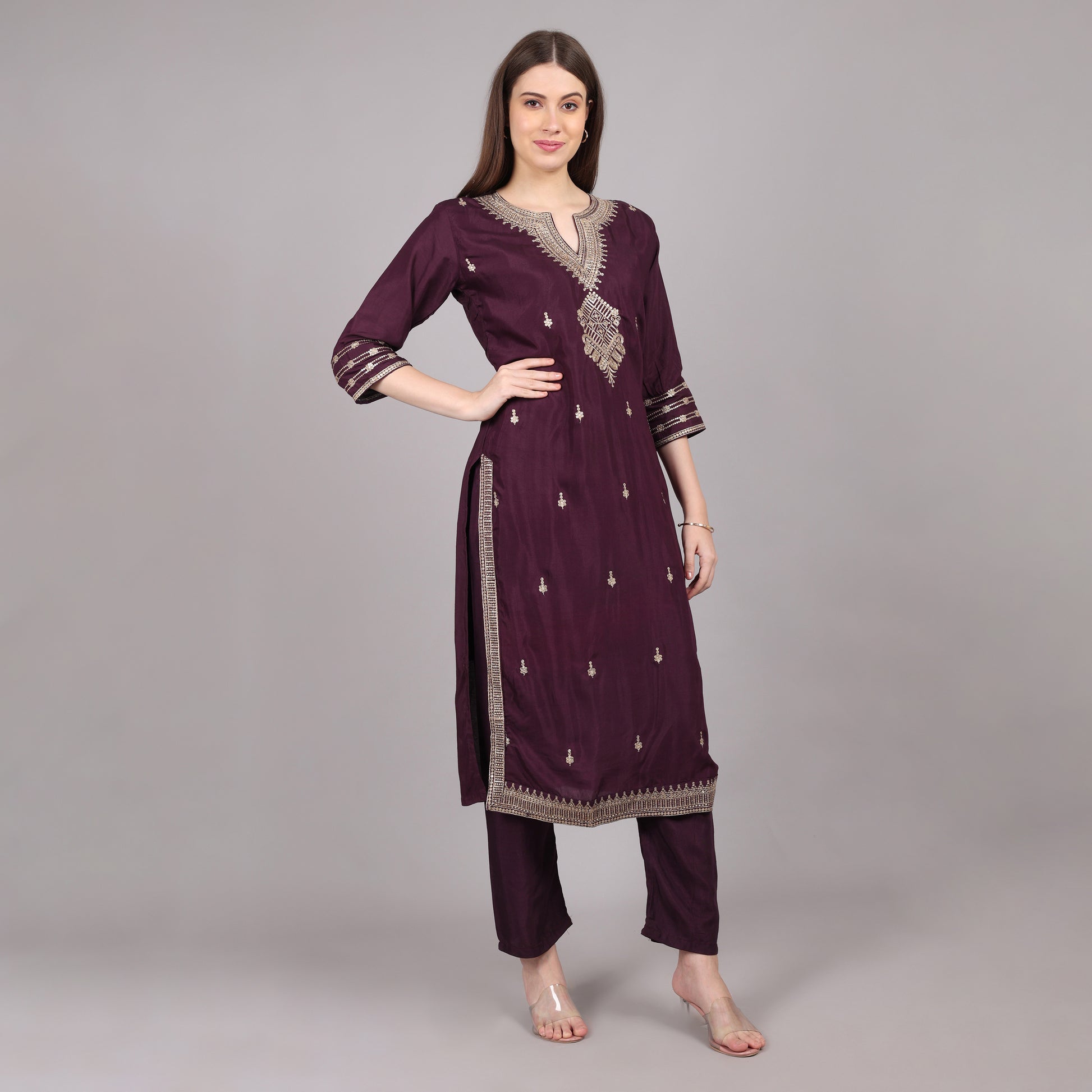 Chic and stylish wine silk kurta set with exquisite embroidery, perfect for festive occasions.