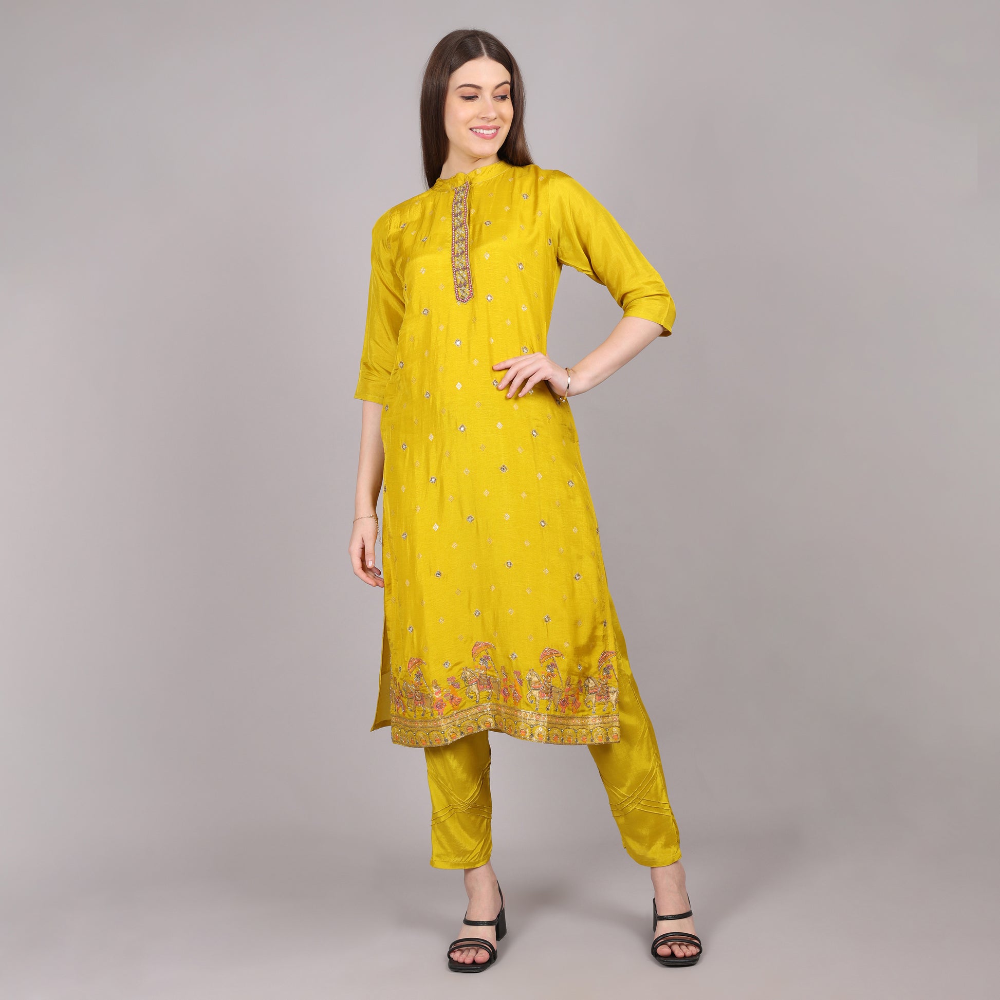 Lightweight and breathable Palki handwork kurta set, offering comfort with intricate handcrafted artistry.