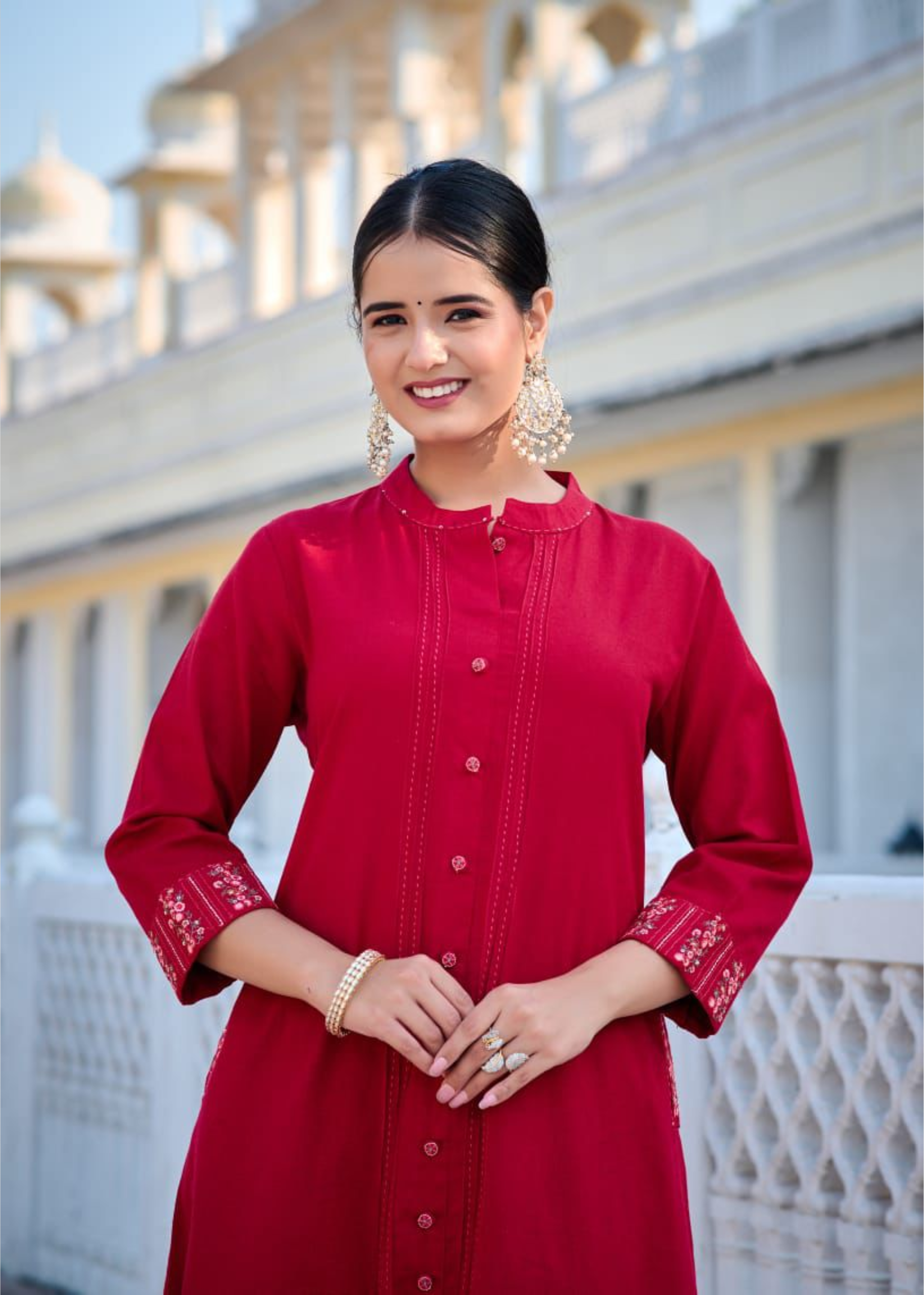 Red Embroidered Kurti Pant Set for women