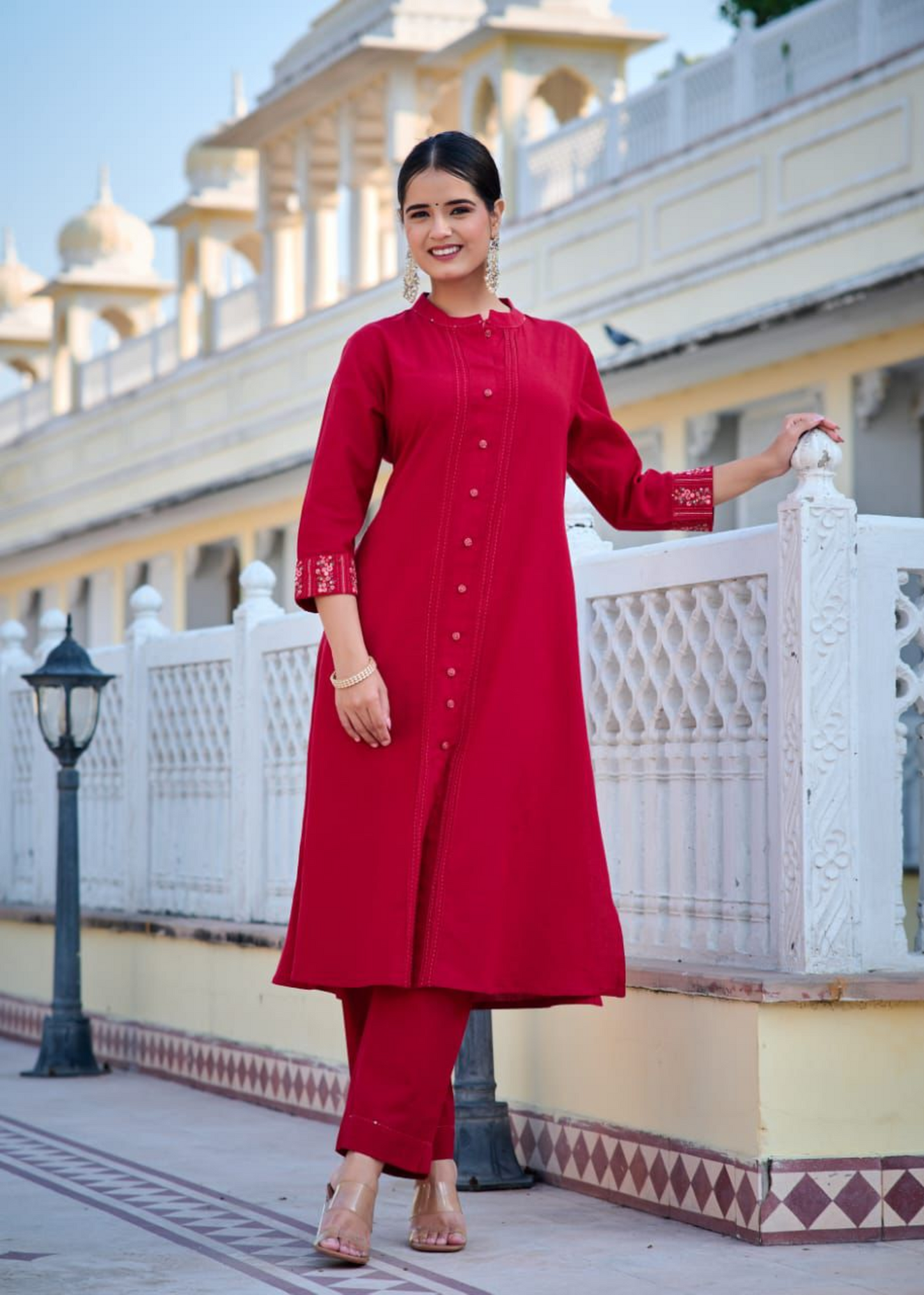 Red Embroidered Kurti Pant Set
