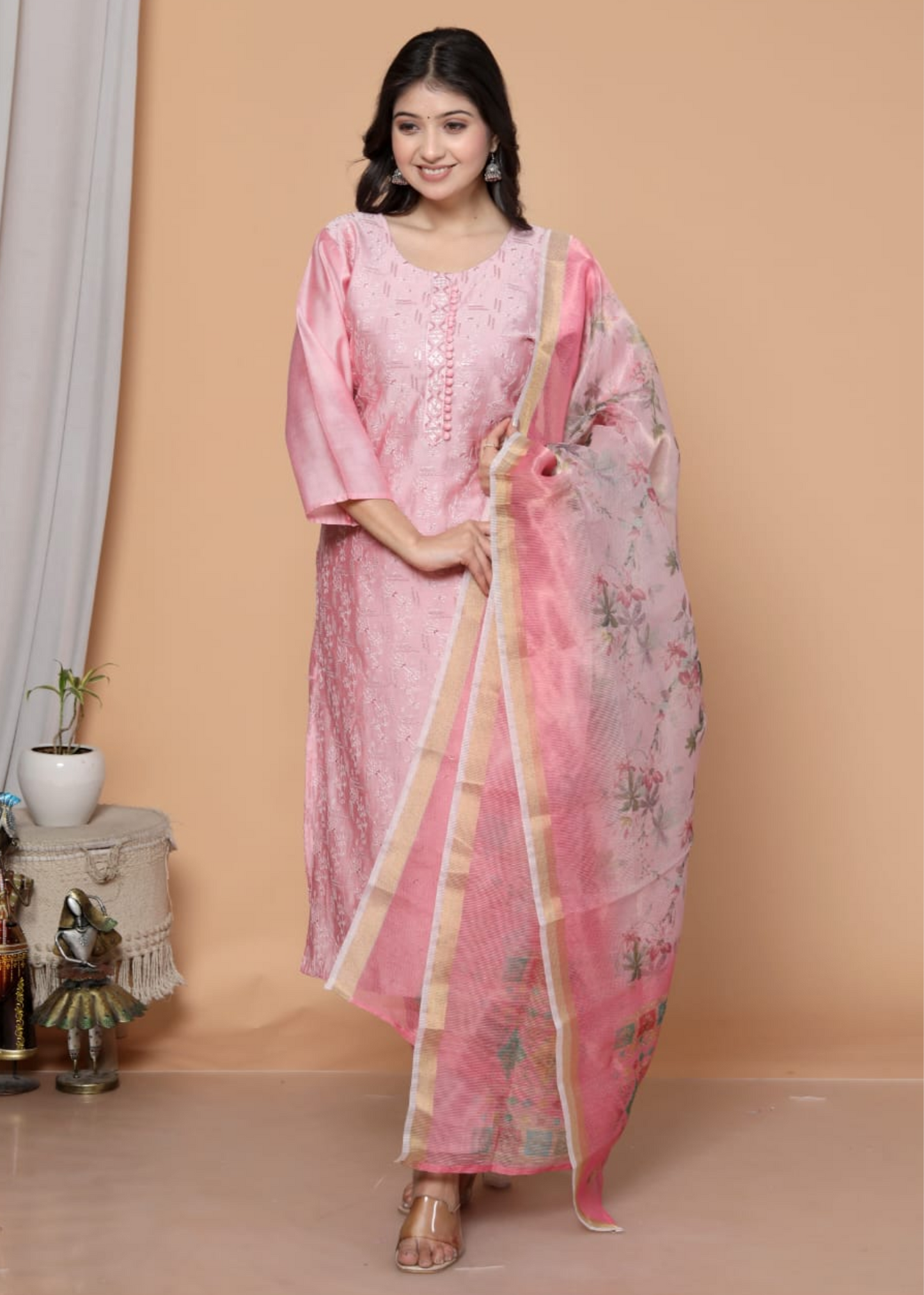 Pink Chanderi Kurta Suit Set