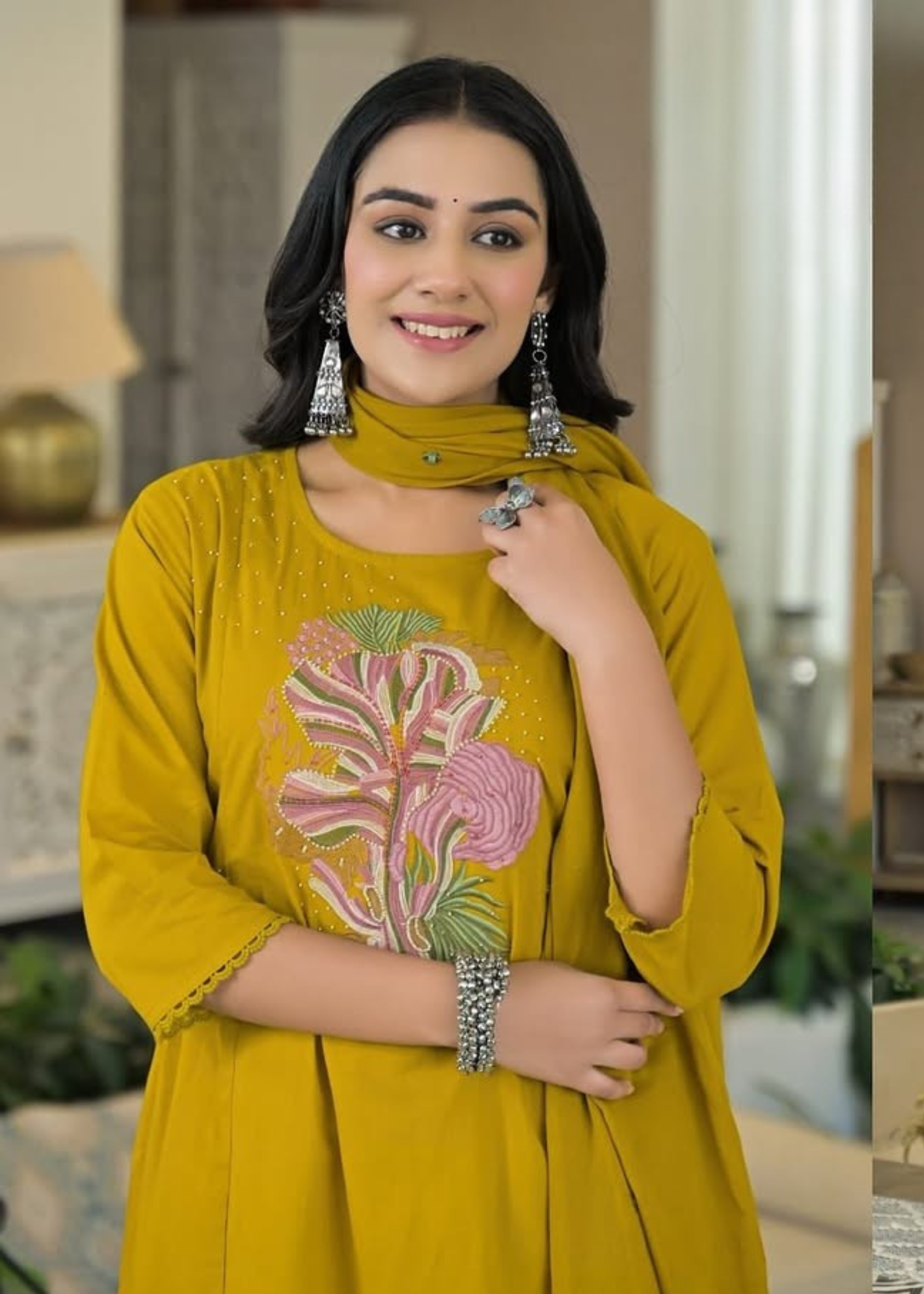 mustard a-line kurti with pant and dupatta