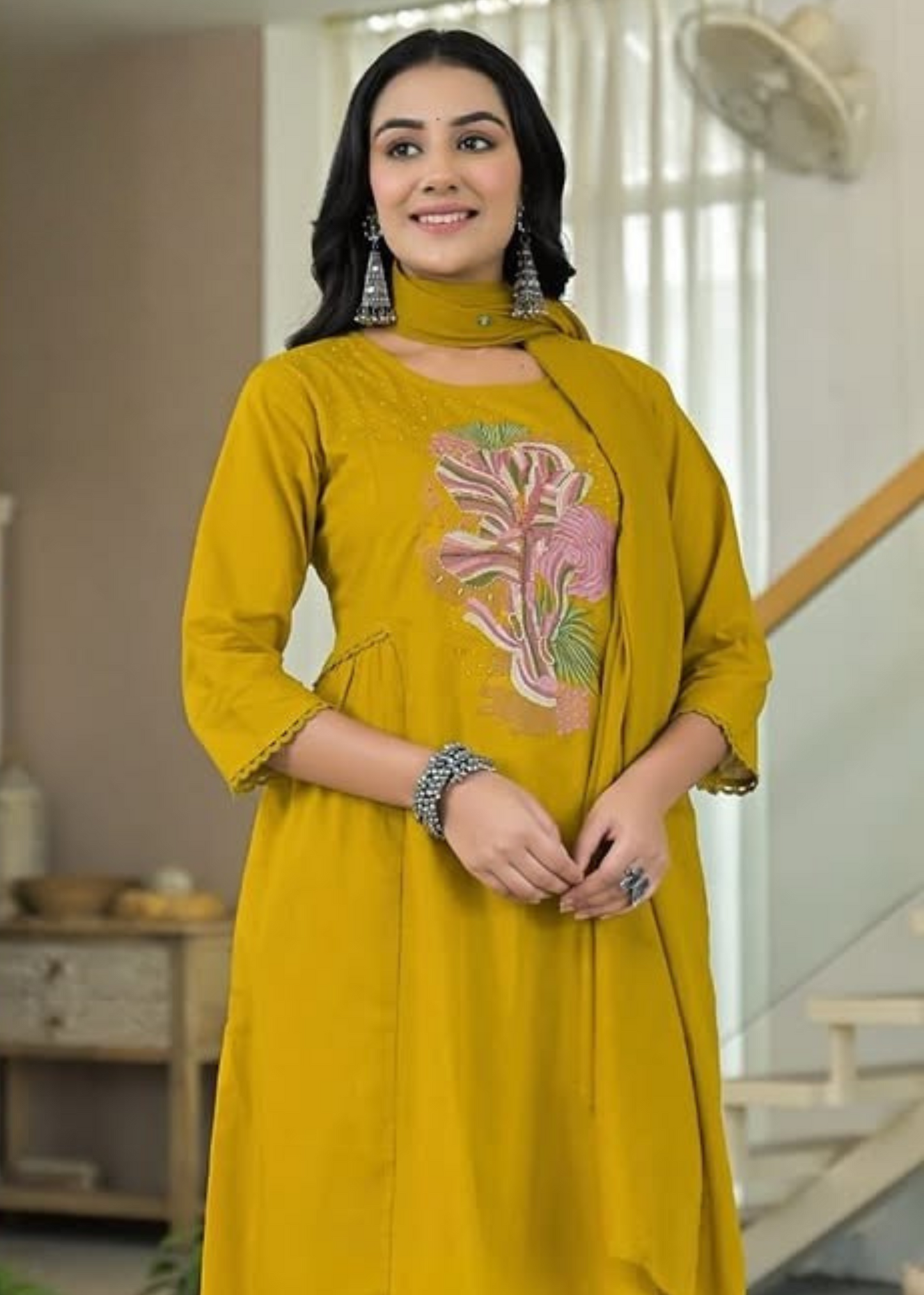 mustard a-line kurti with pant and dupatta for women