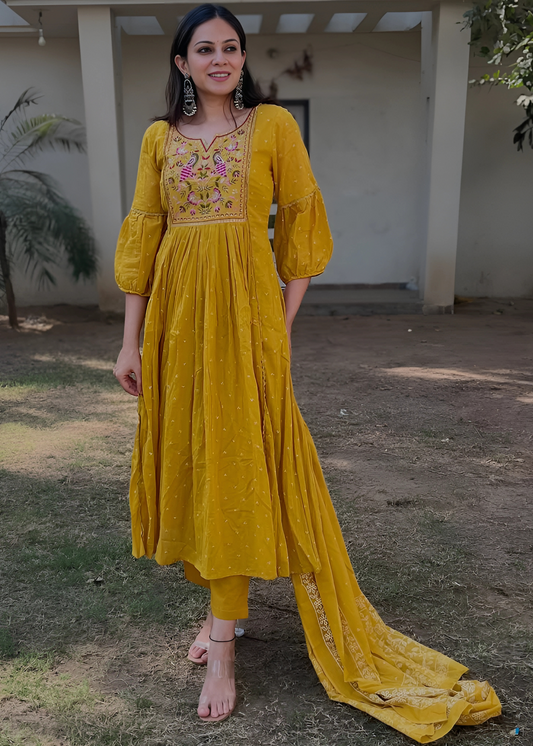 cotton yellow printed kurta with dupatta