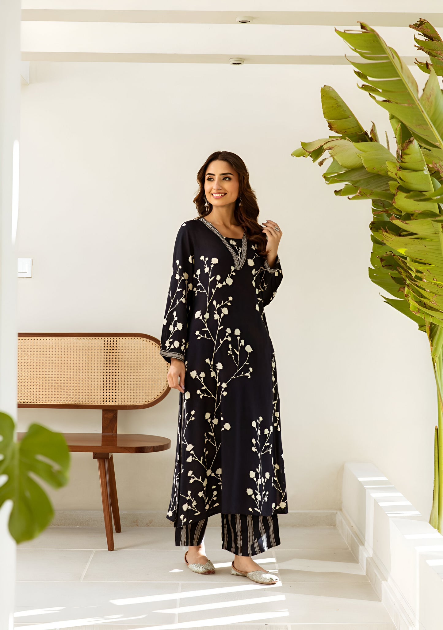Graceful midnight blue kurta set with a flowy A-line design, blending comfort with sophistication.