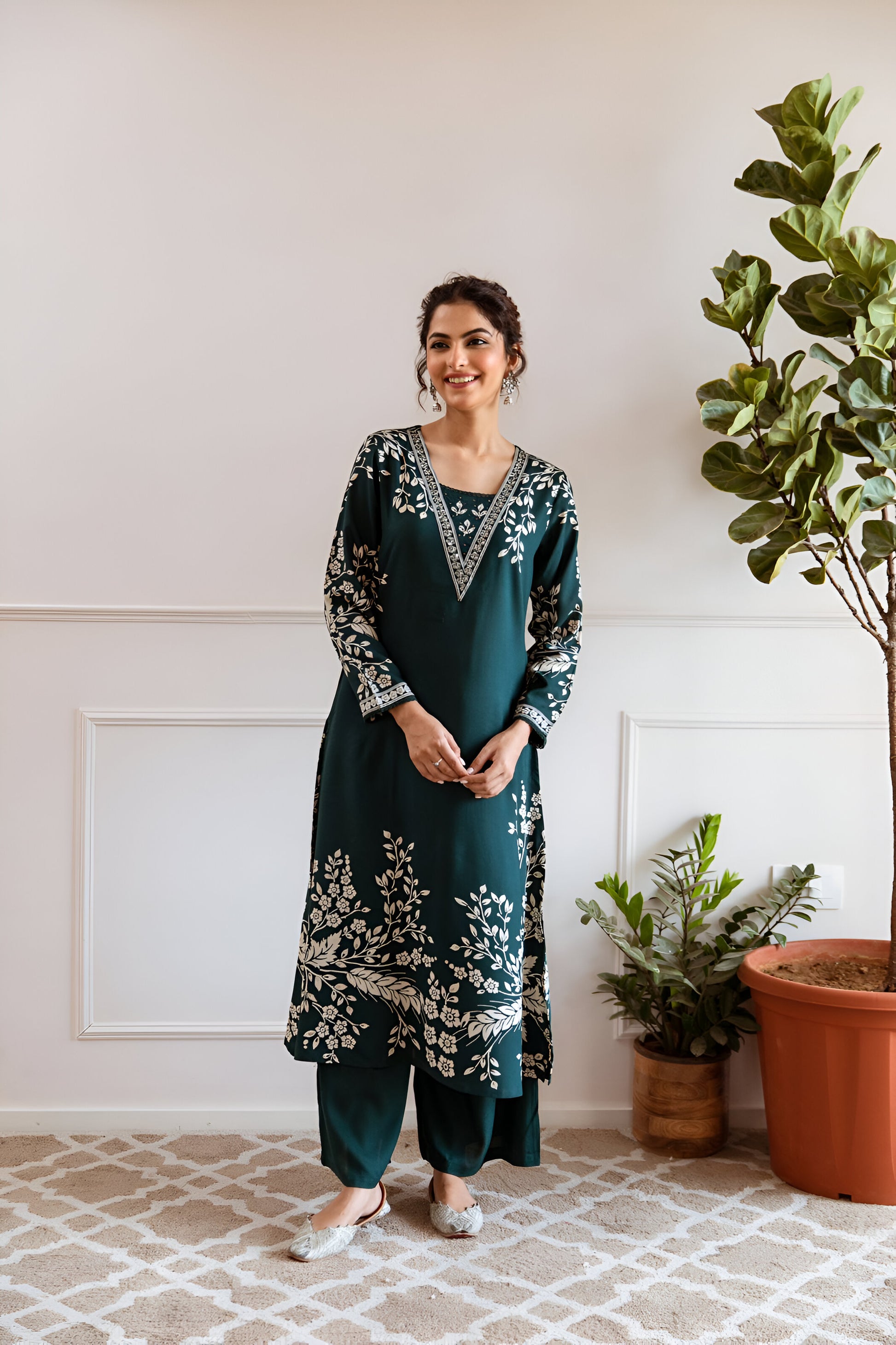 Trendy dark teal green A-line kurta set crafted for comfort and style, ideal for any celebration.