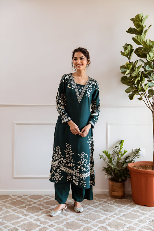 Trendy dark teal green A-line kurta set crafted for comfort and style, ideal for any celebration.