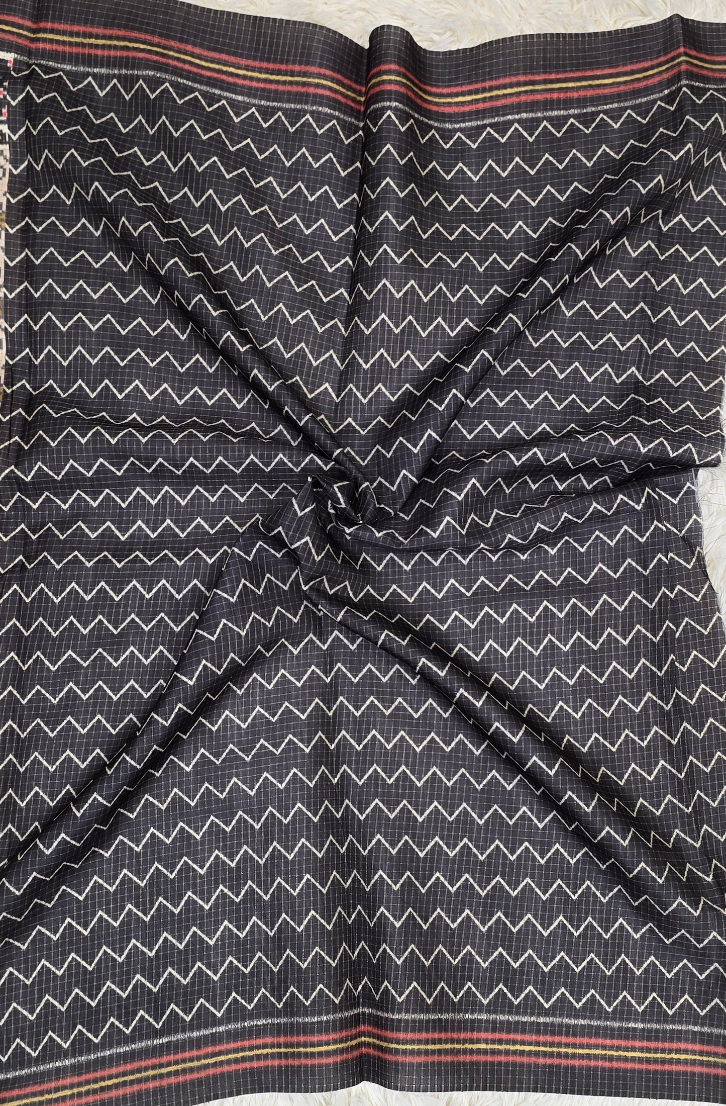 Elegant Cream & Black Tussar Silk Patola Print Saree