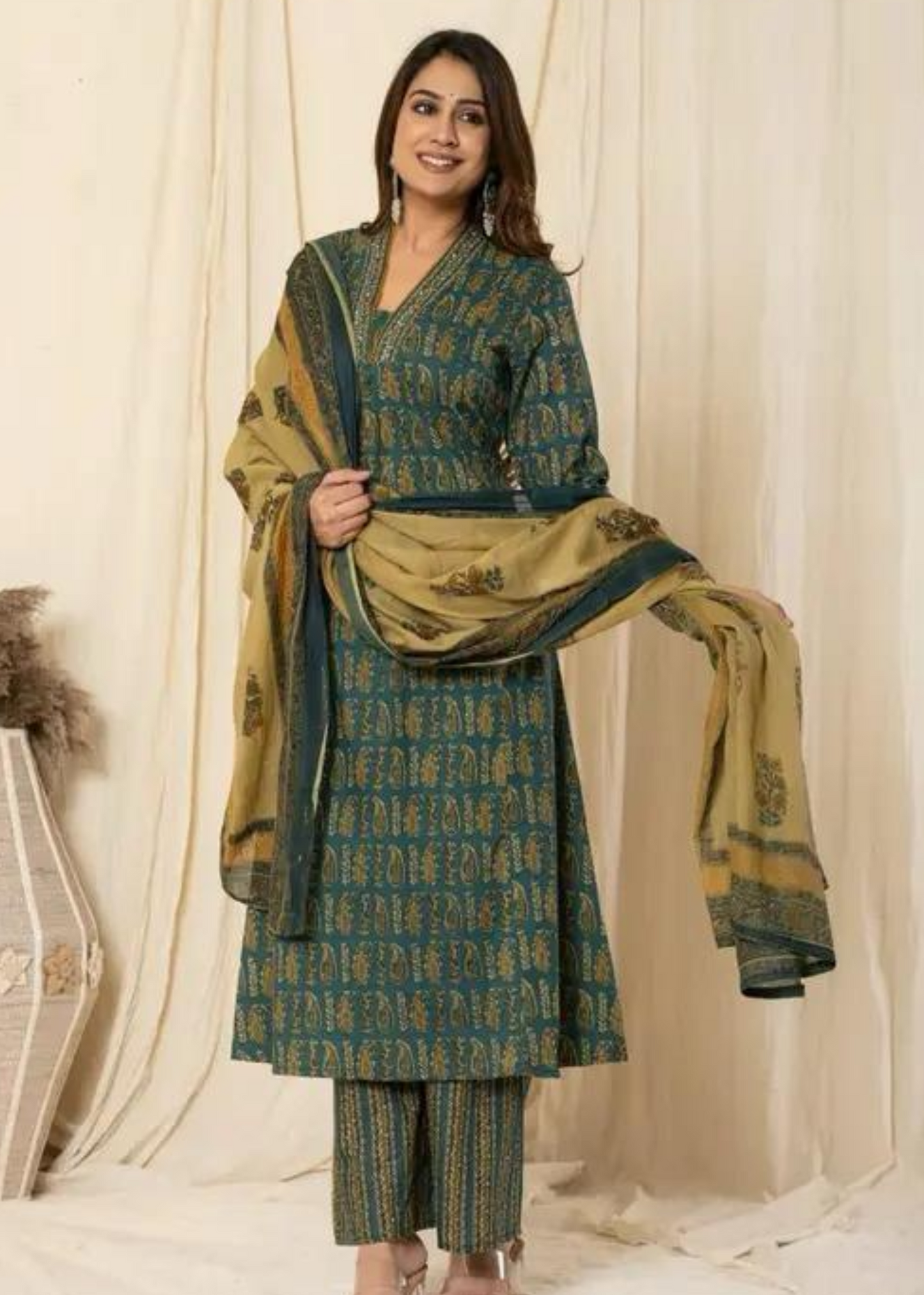 Printed Regular Pure Cotton Kurta with Trousers & Dupatta For Women