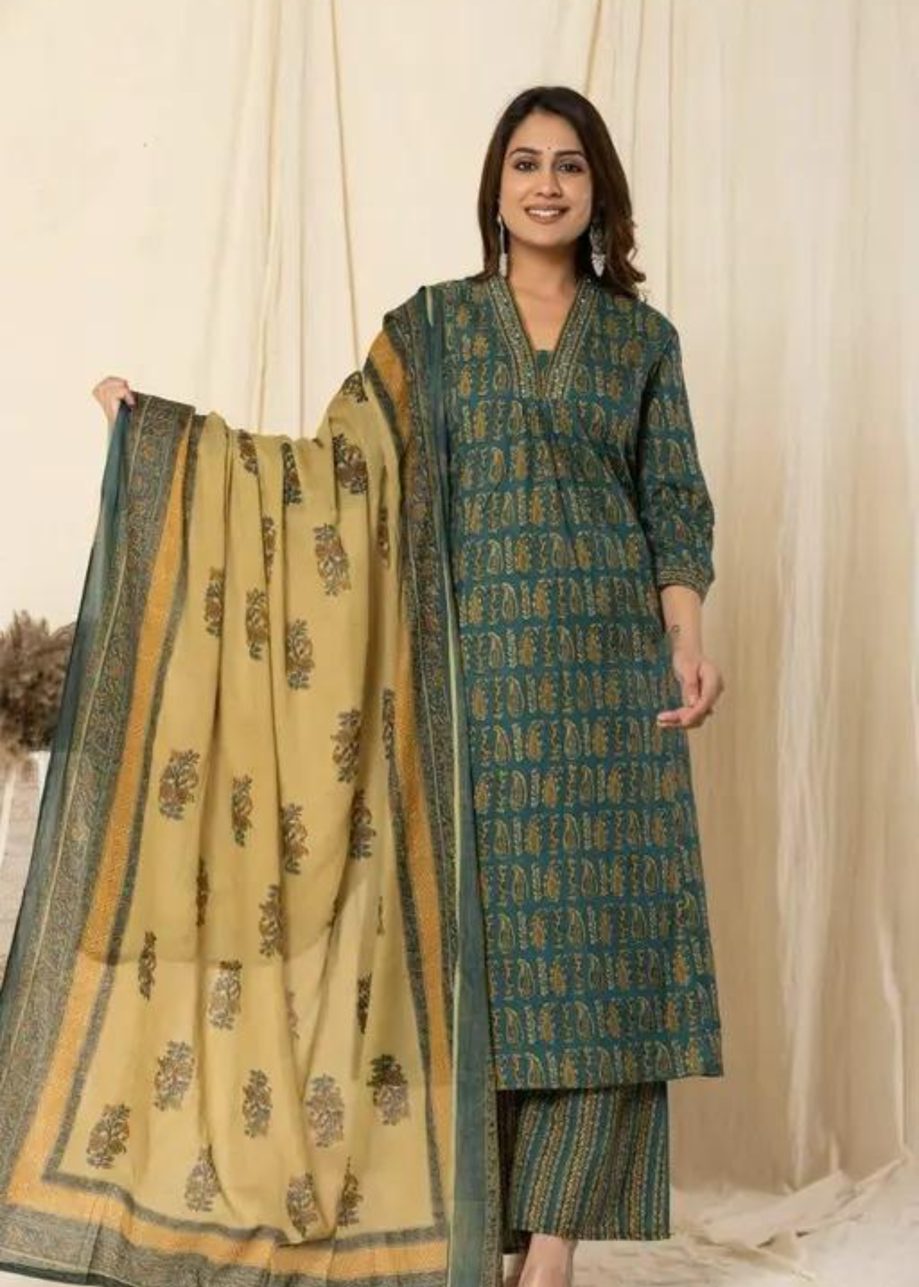 Printed Regular Pure Cotton Kurta with Trousers & Dupatta