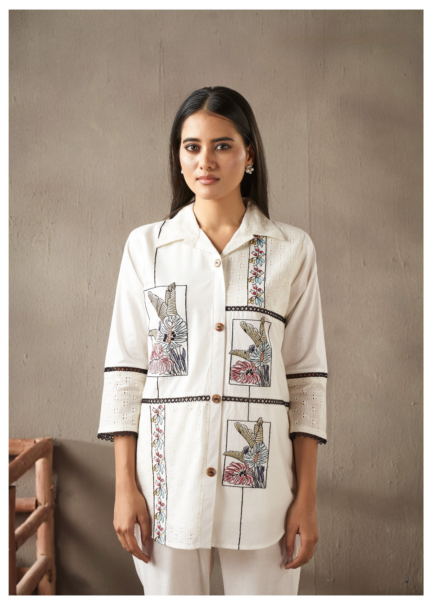 Chic and breathable off-white co-ord set with delicate Schiffli embroidery, perfect for casual and festive wear.