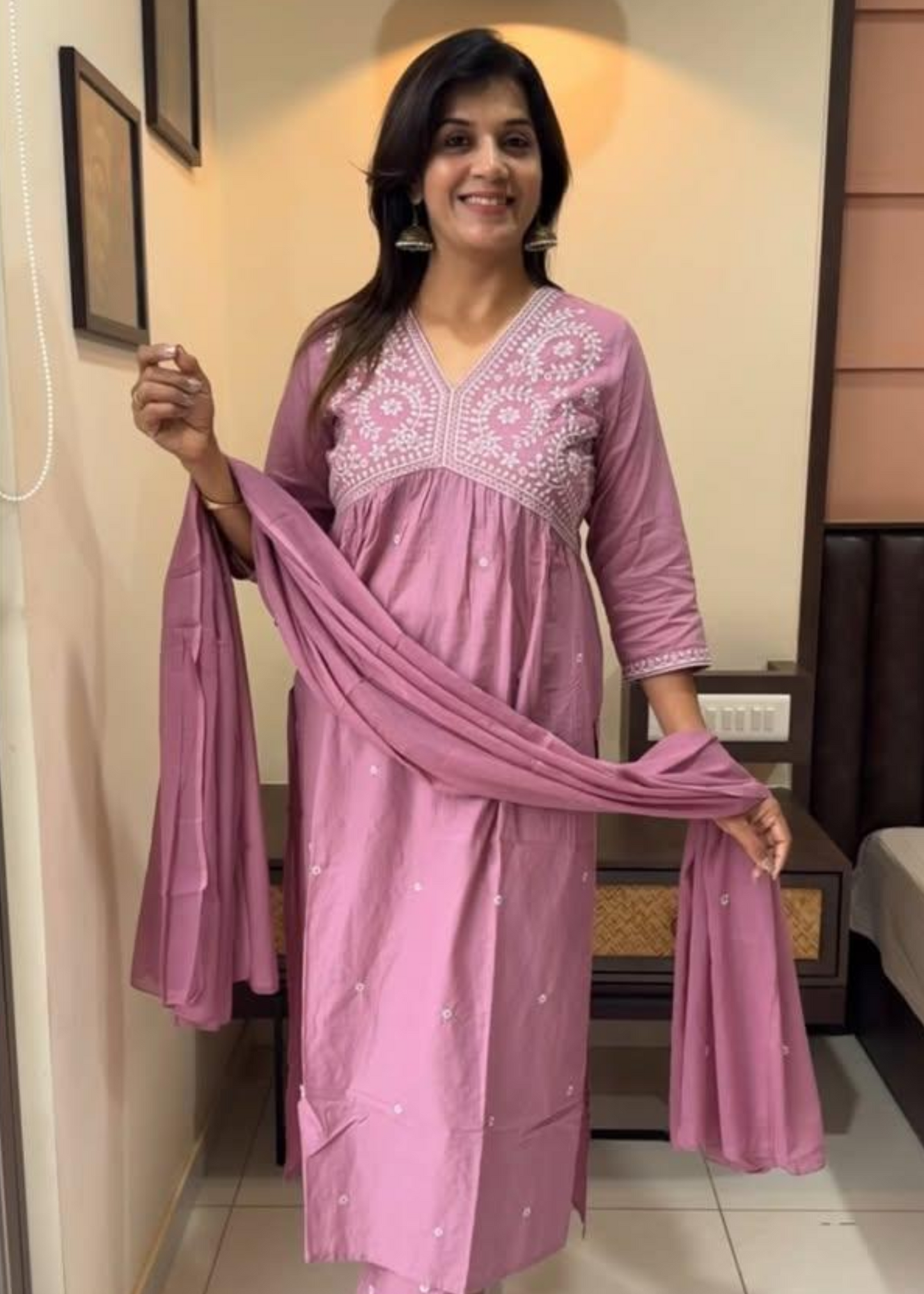 Pink Pure Fine Cotton Embroidered Kurta