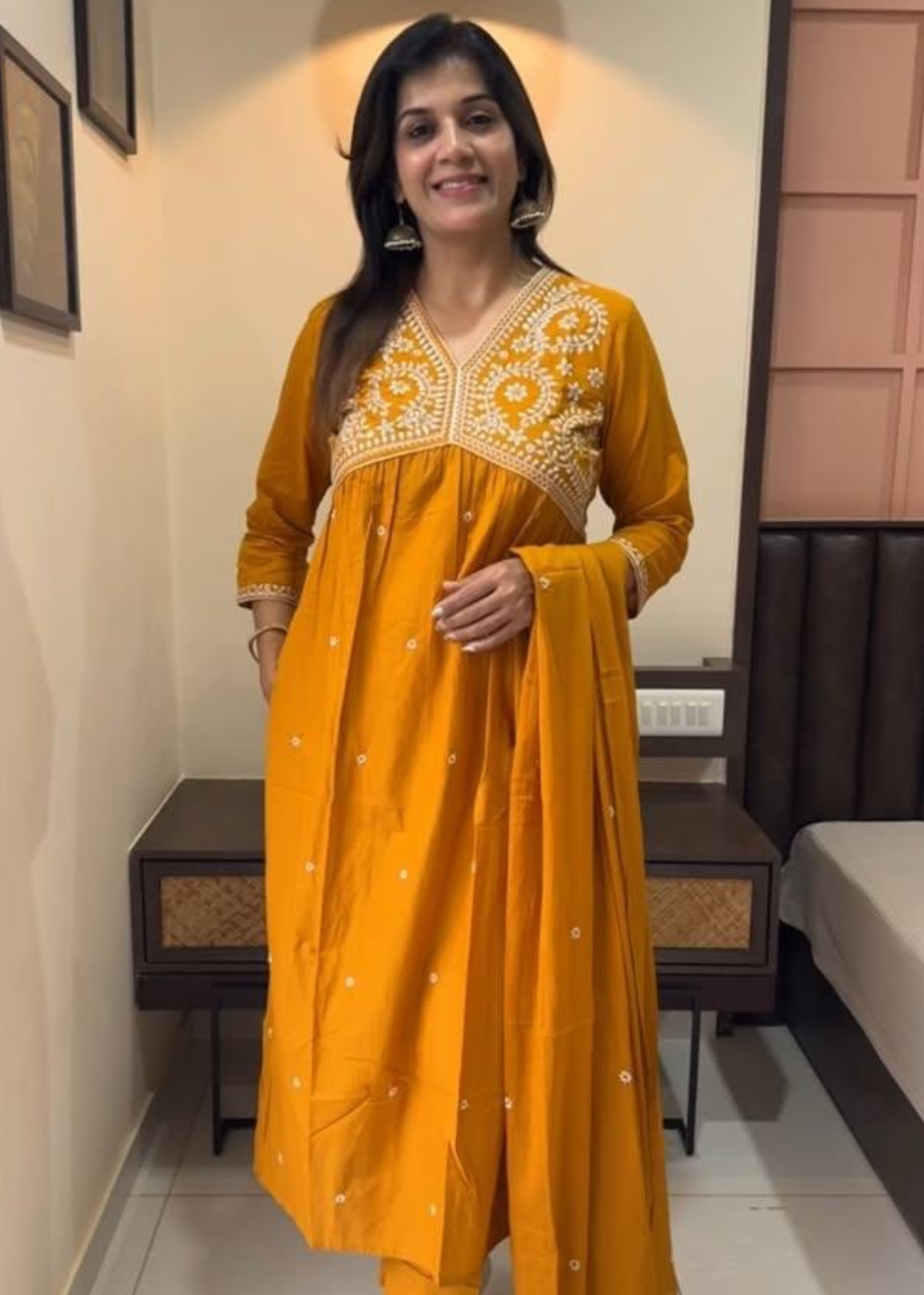 Pure Fine Cotton Embroidered Kurta Mustard