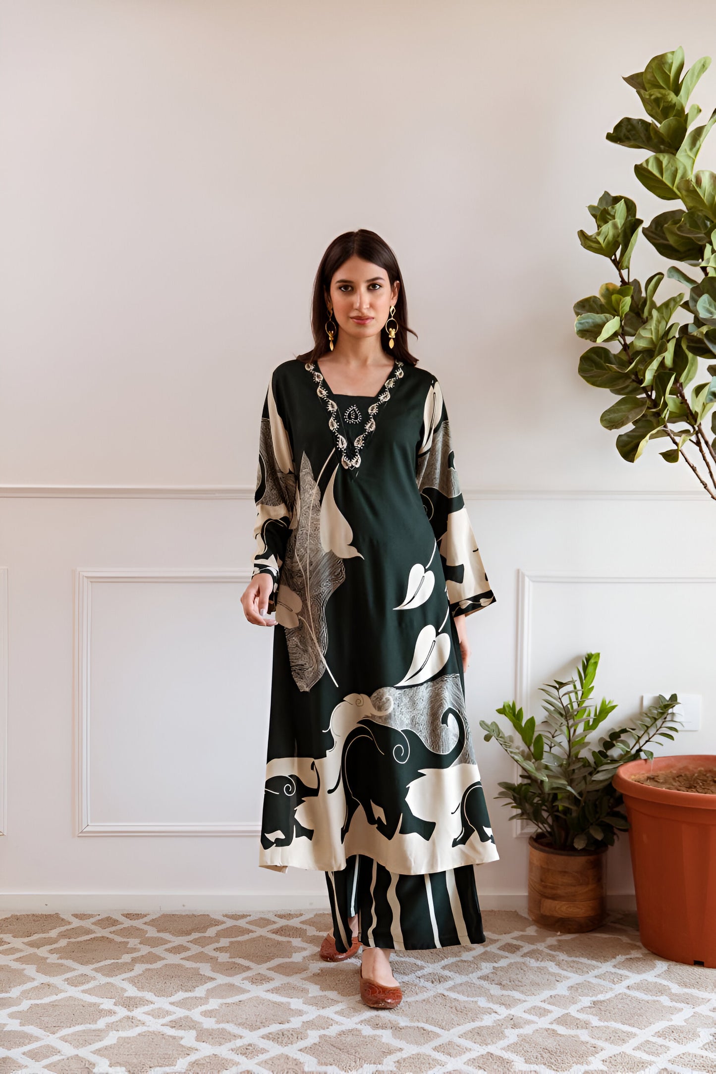 Graceful bottle green kurta set with a flowy A-line design, blending tradition with modern elegance.