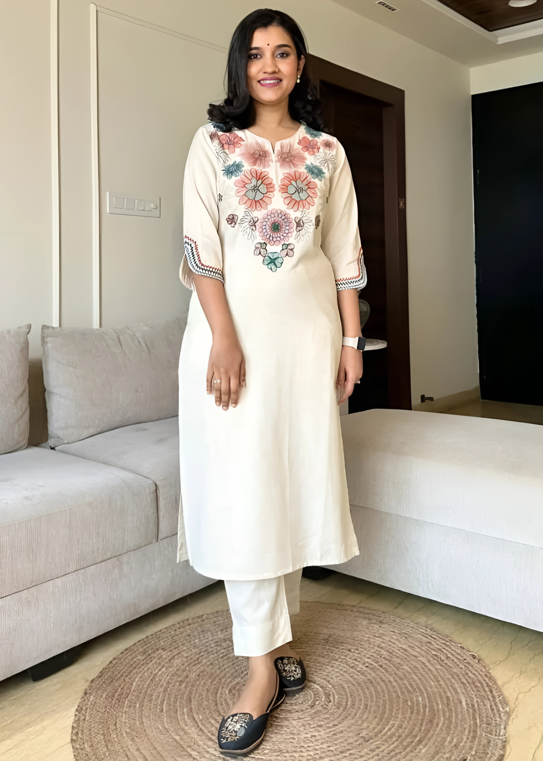 Stylish and breathable khadi cotton flex kurta set featuring delicate thread embroidery for a sophisticated ethnic look.