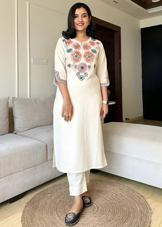 Stylish and breathable khadi cotton flex kurta set featuring delicate thread embroidery for a sophisticated ethnic look.