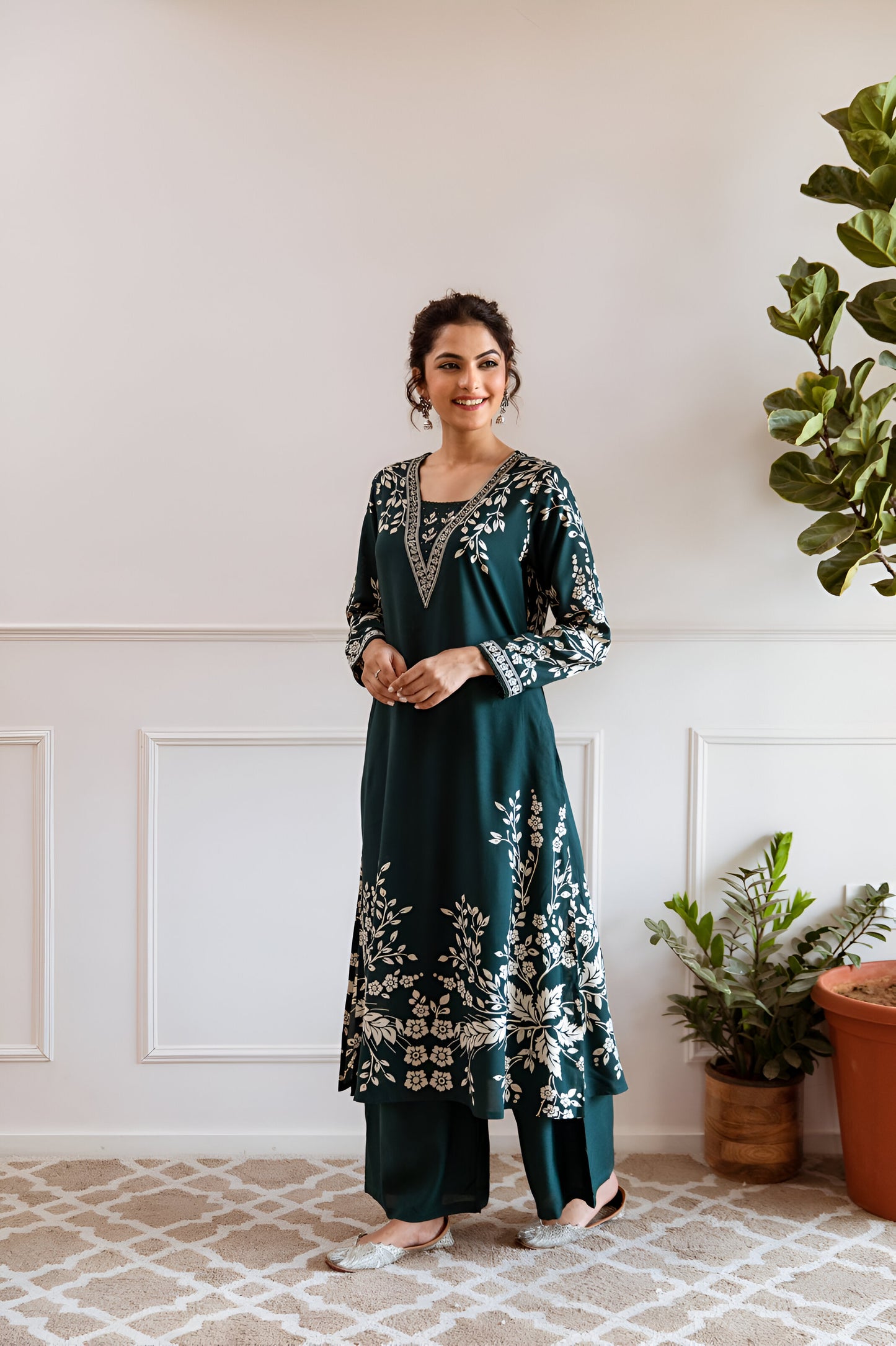 Elegant dark teal green A-line kurta set featuring a flattering silhouette for a sophisticated ethnic look.